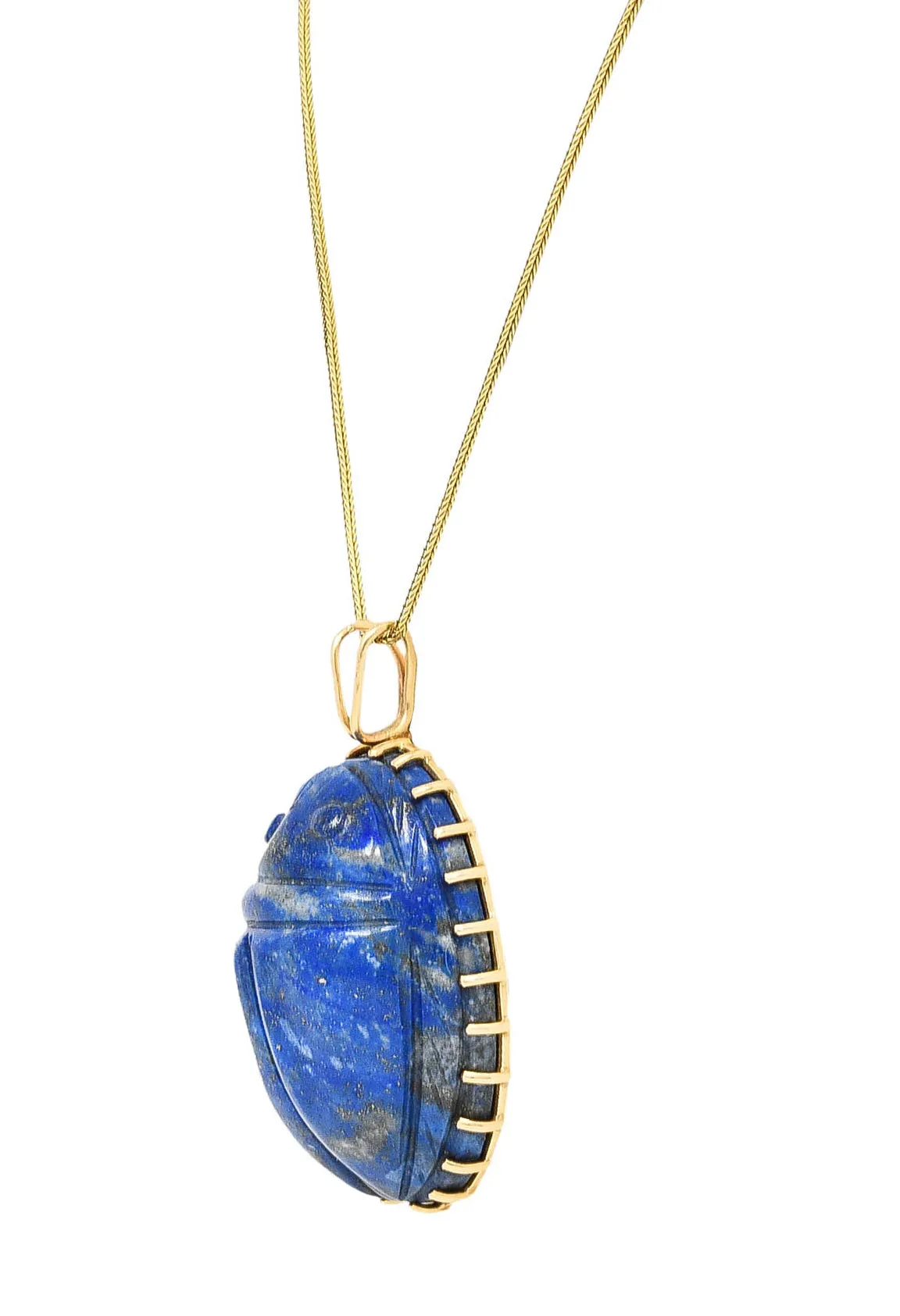 Substantial 1970's Lapis Lazuli 14 Karat Gold Scarab Pendant Necklace