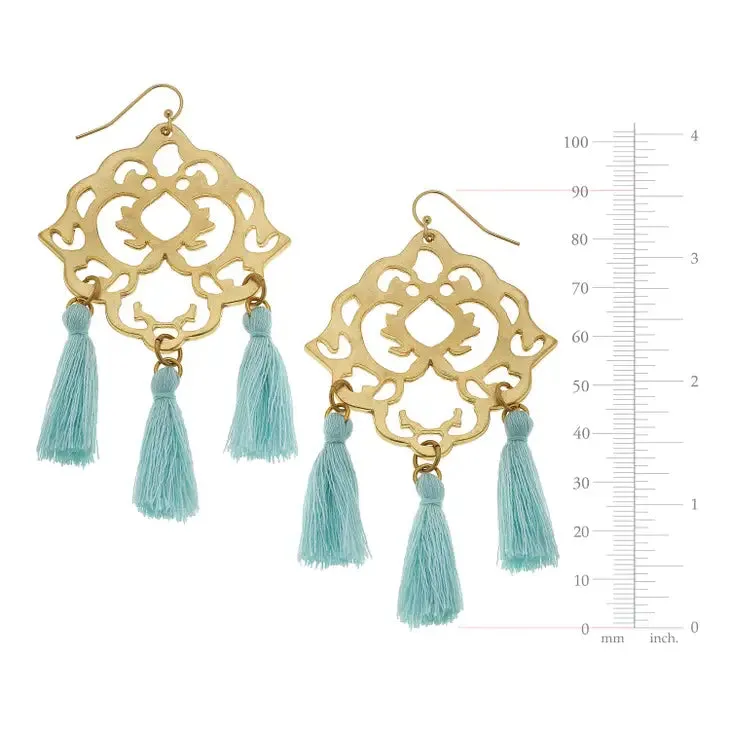 Susan Shaw Gold Filigree with Aqua Tassel Earrings