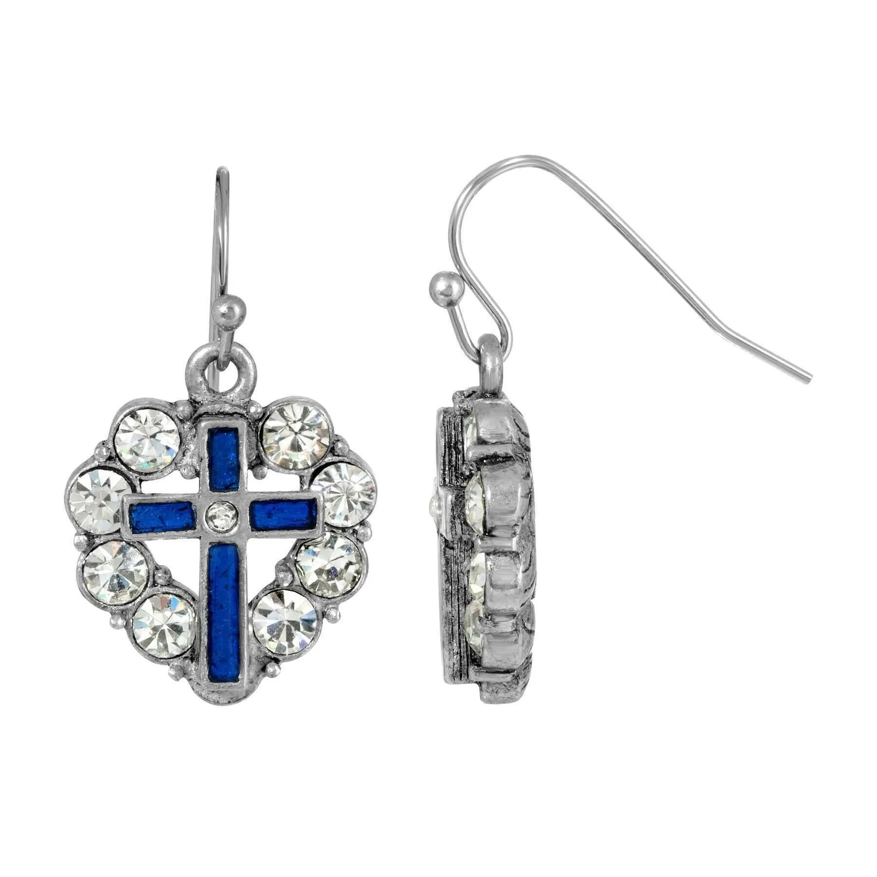 Symbols of Faith Pewter Heart Shaped Crystal Stones & Enamel Cross Earrings