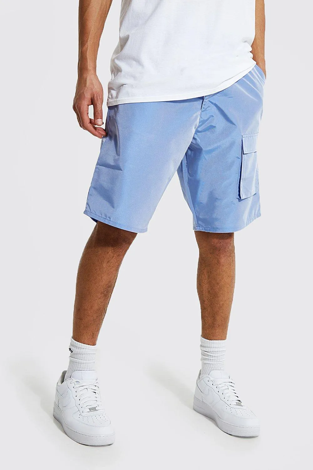 Tall Fixed Waist Iridescent Cargo Shorts | boohooMAN UK