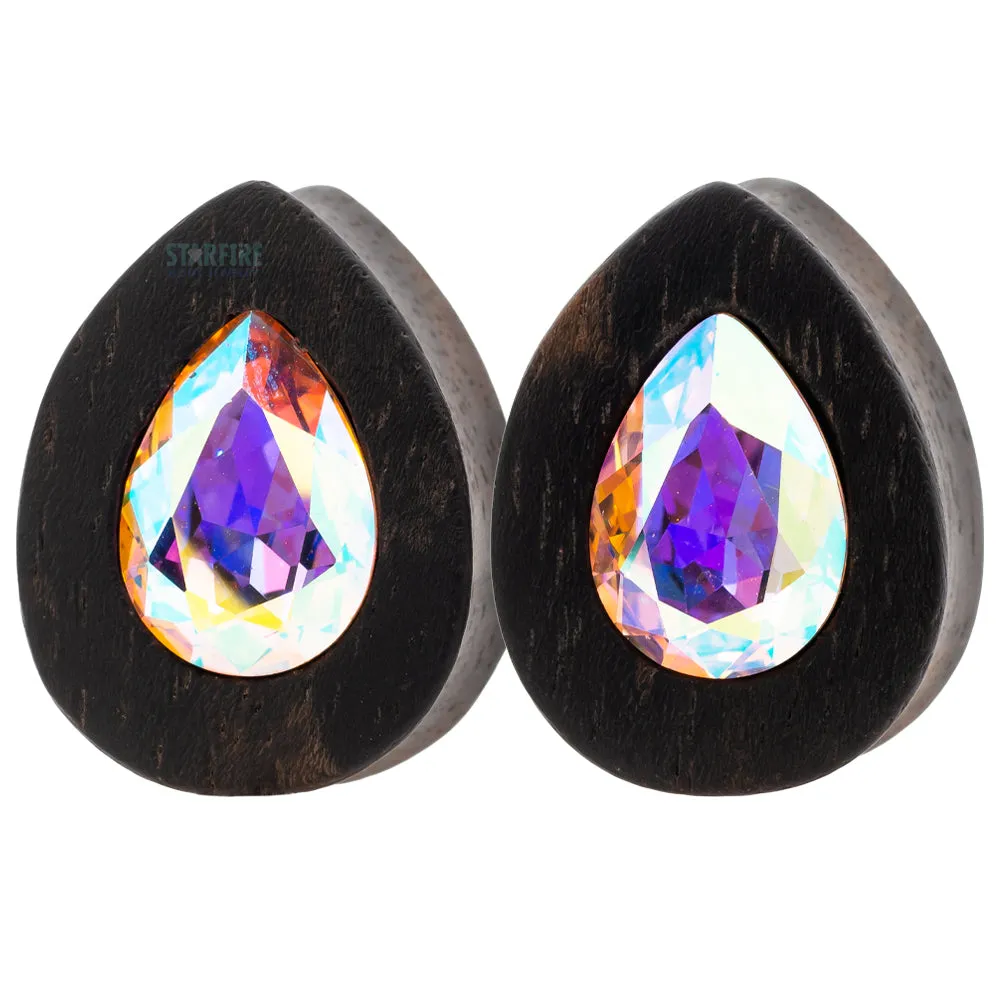 Teardrop Swarovski Plugs in Wood - Crystal AB