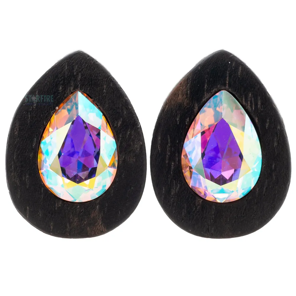 Teardrop Swarovski Plugs in Wood - Crystal AB