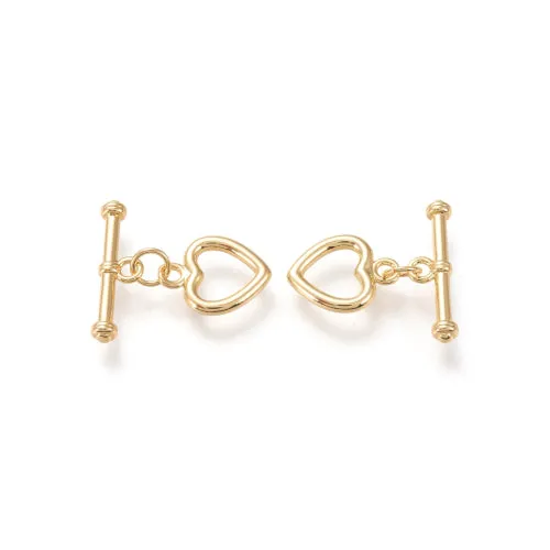 Toggle Clasps, Brass, 18K Gold Plated, Heart, With Jump Ring, 14mm