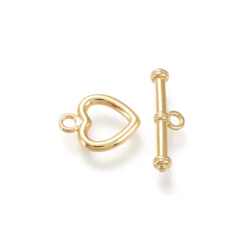 Toggle Clasps, Brass, 18K Gold Plated, Heart, With Jump Ring, 14mm