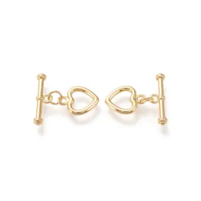 Toggle Clasps, Brass, 18K Gold Plated, Heart, With Jump Ring, 14mm