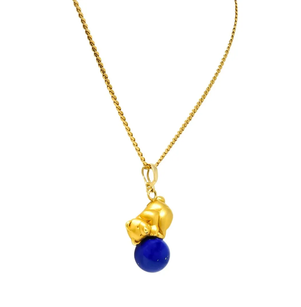 UnoAErre Contemporary Lapis Lazuli 18 Karat Gold Teddy Bear Pendant Necklace