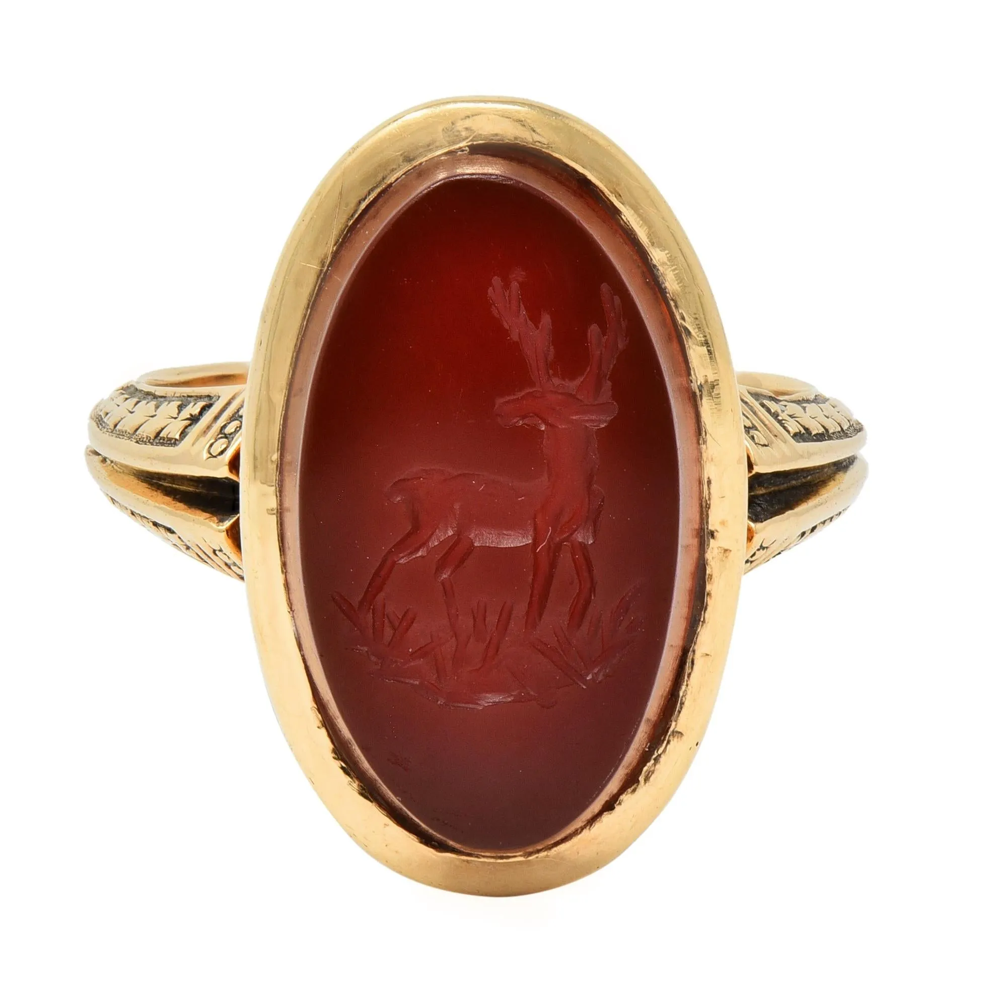 Victorian Carnelian 18 Karat Yellow Gold Stag Deer Intaglio Antique Signet Ring