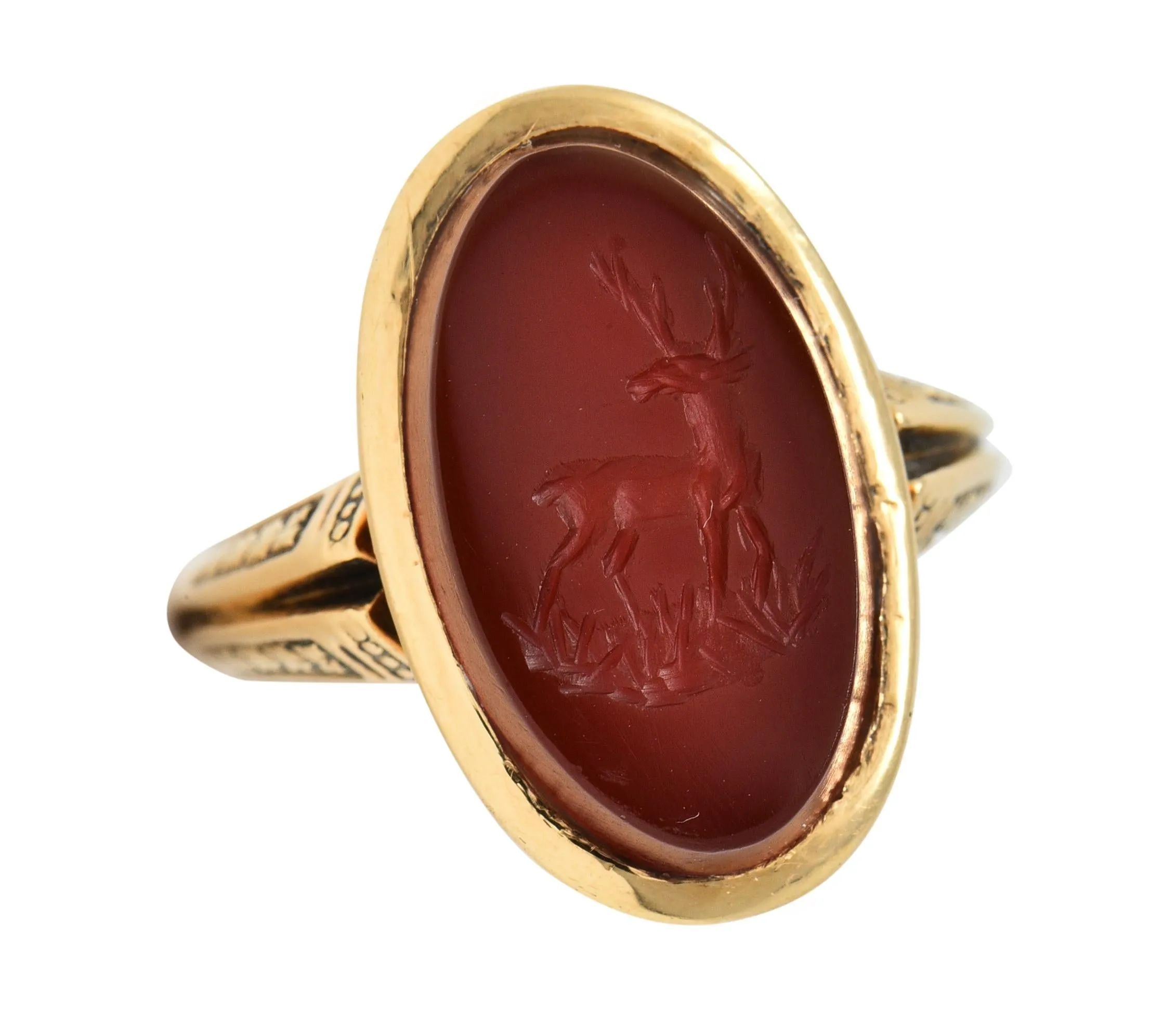 Victorian Carnelian 18 Karat Yellow Gold Stag Deer Intaglio Antique Signet Ring