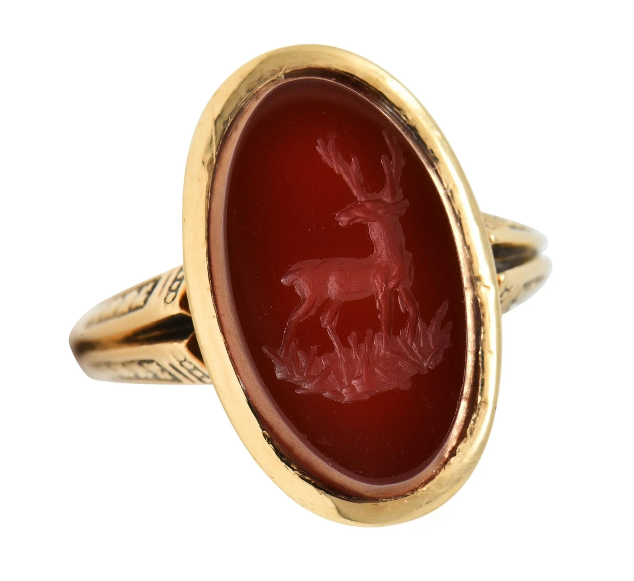 Victorian Carnelian 18 Karat Yellow Gold Stag Deer Intaglio Antique Signet Ring