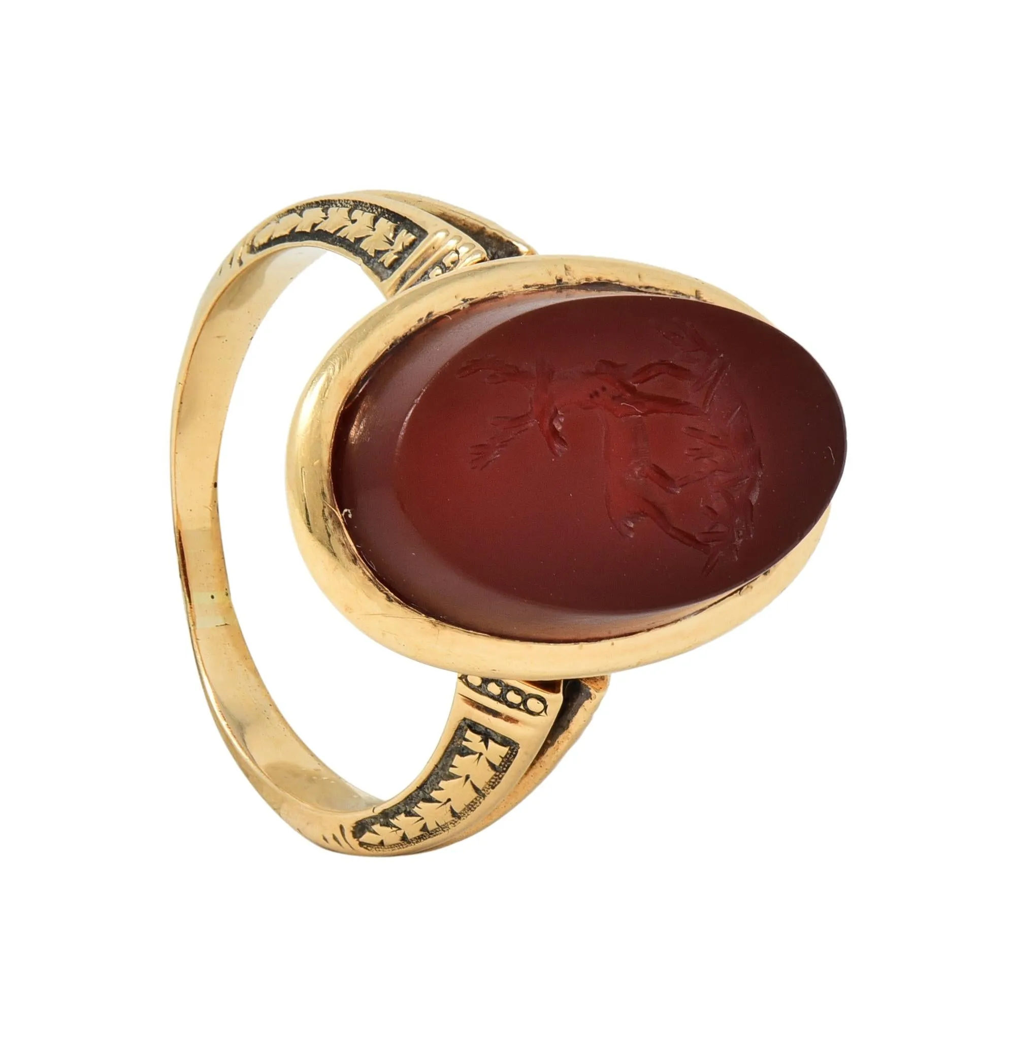 Victorian Carnelian 18 Karat Yellow Gold Stag Deer Intaglio Antique Signet Ring