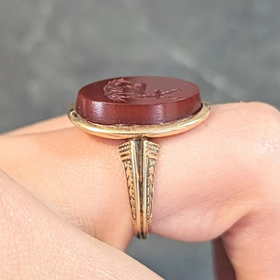 Victorian Carnelian 18 Karat Yellow Gold Stag Deer Intaglio Antique Signet Ring