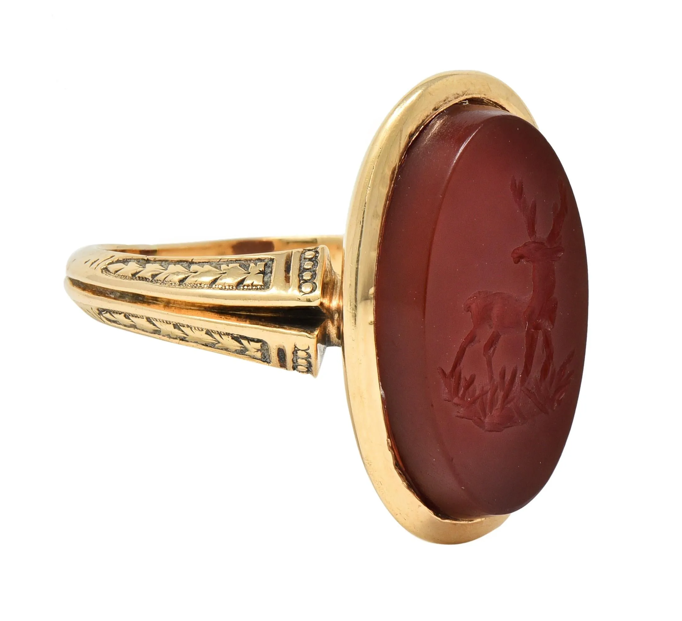 Victorian Carnelian 18 Karat Yellow Gold Stag Deer Intaglio Antique Signet Ring