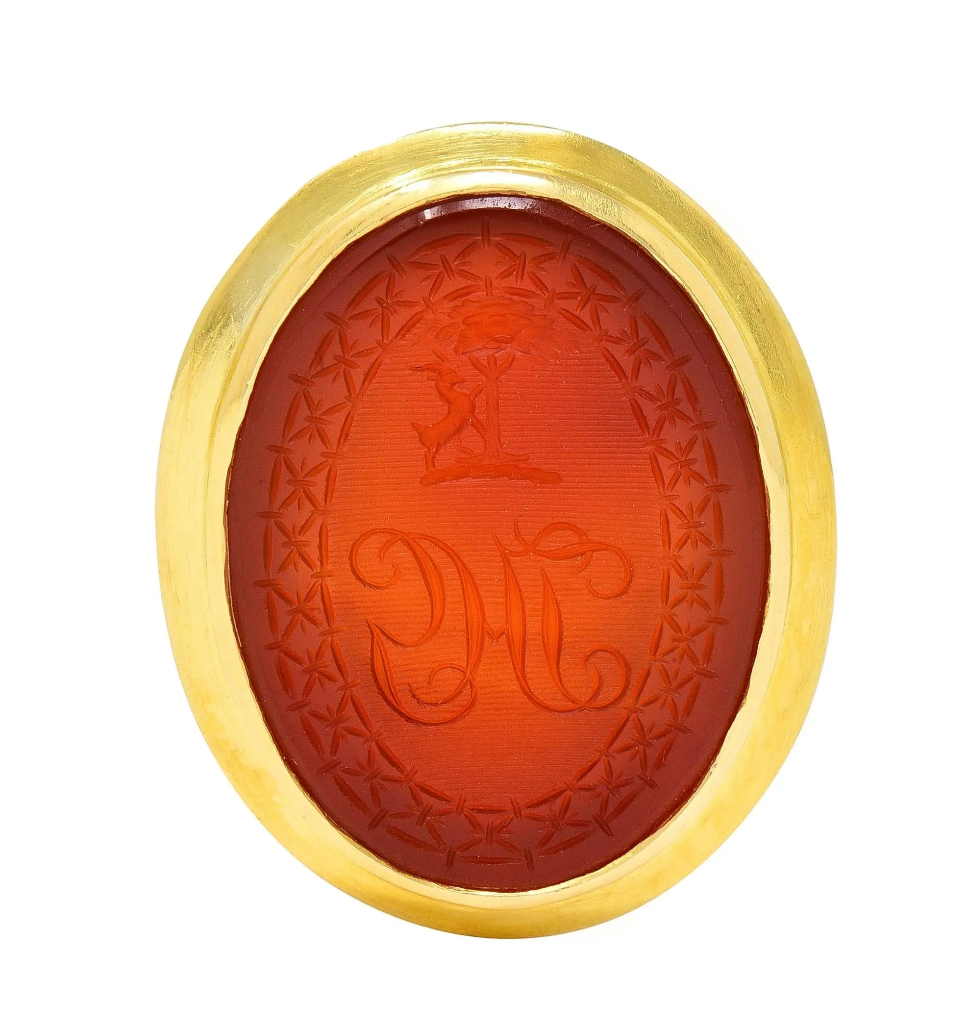 Victorian Carved Carnelian 18 Karat Yellow Gold Signet Antique Intaglio Ring