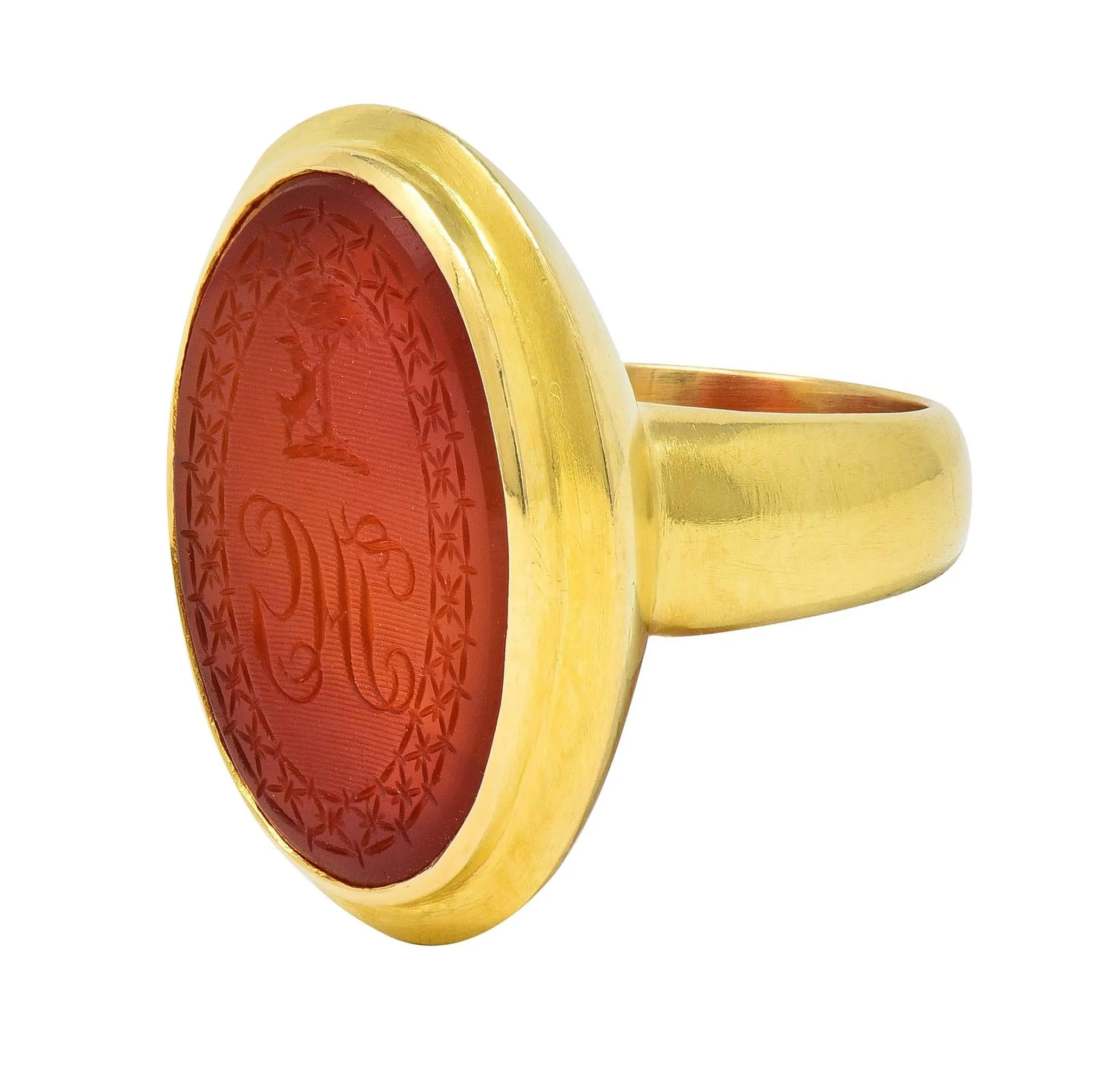 Victorian Carved Carnelian 18 Karat Yellow Gold Signet Antique Intaglio Ring