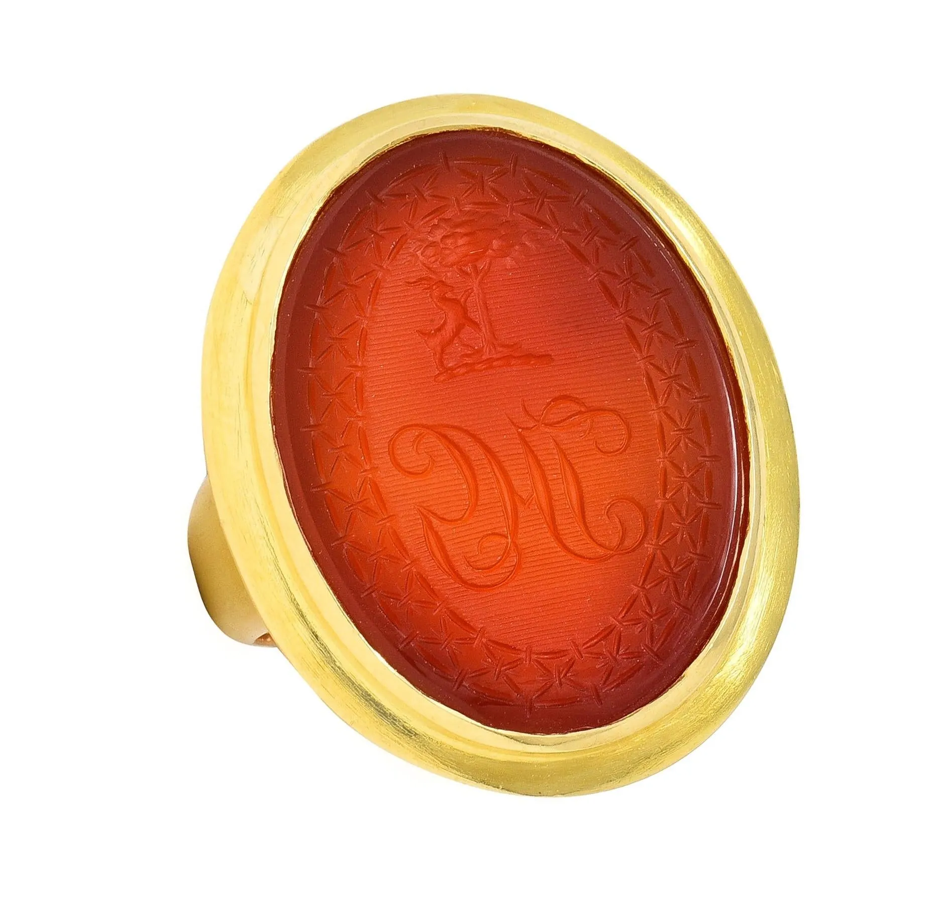 Victorian Carved Carnelian 18 Karat Yellow Gold Signet Antique Intaglio Ring