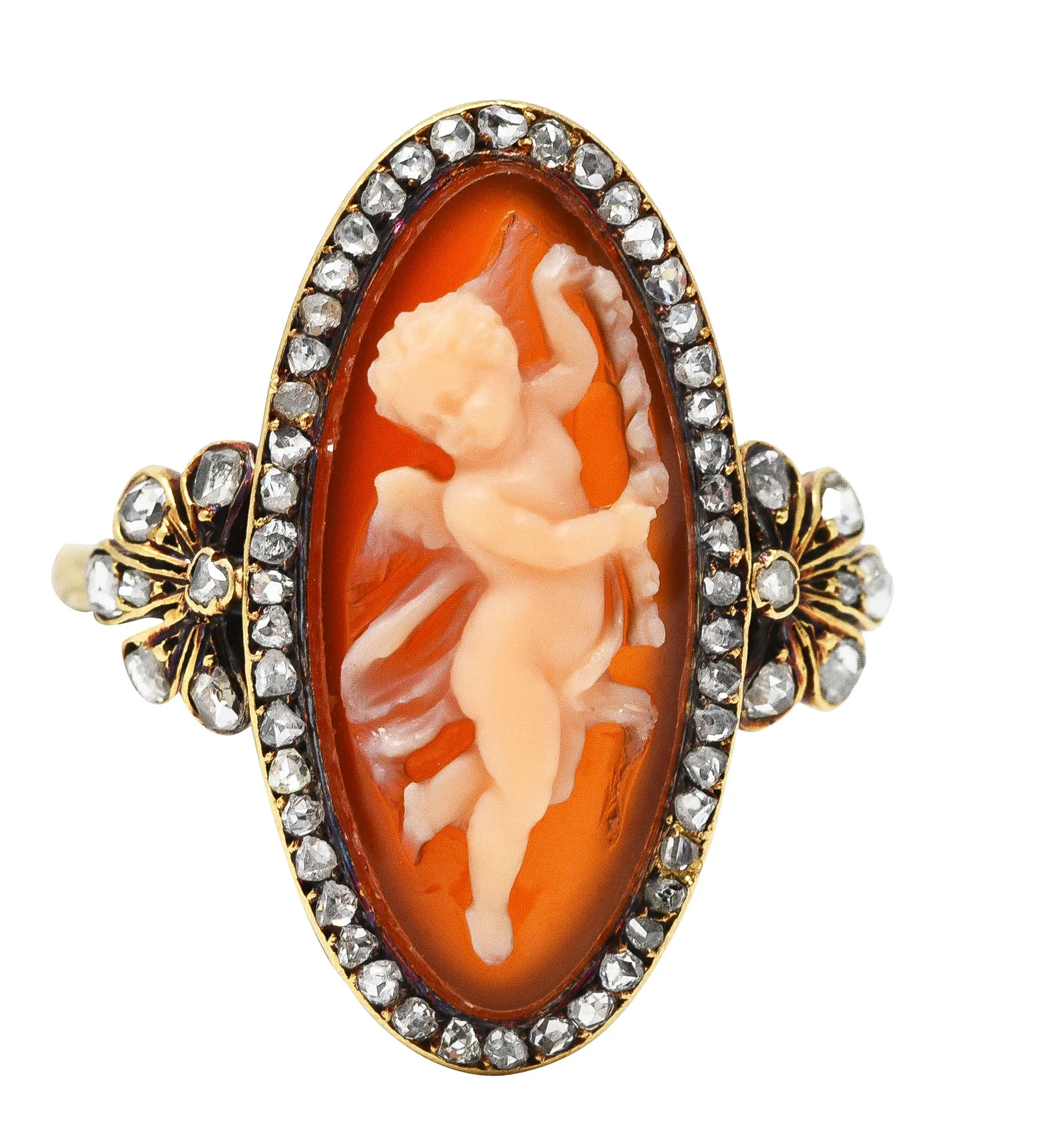 Victorian Diamond Carnelian 14 Karat Yellow Gold Cupid Cameo Antique Ring