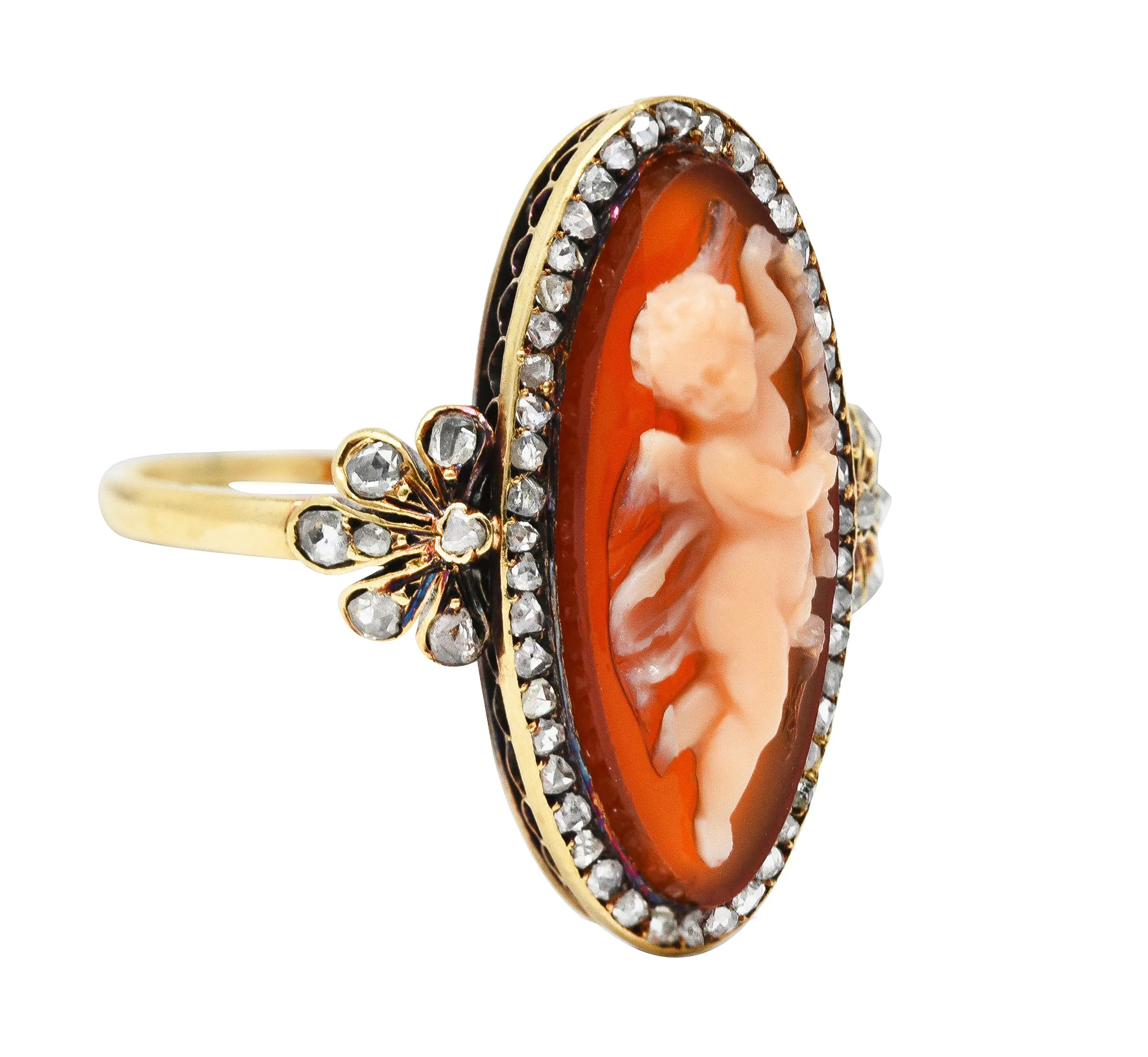 Victorian Diamond Carnelian 14 Karat Yellow Gold Cupid Cameo Antique Ring