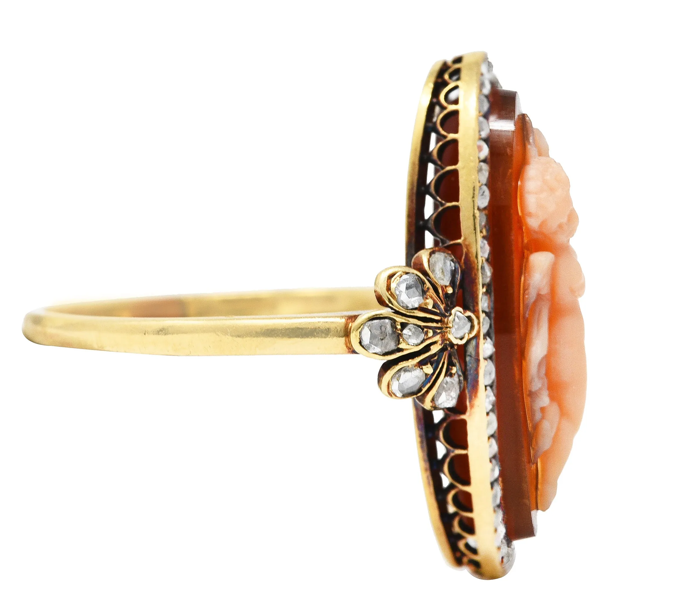 Victorian Diamond Carnelian 14 Karat Yellow Gold Cupid Cameo Antique Ring