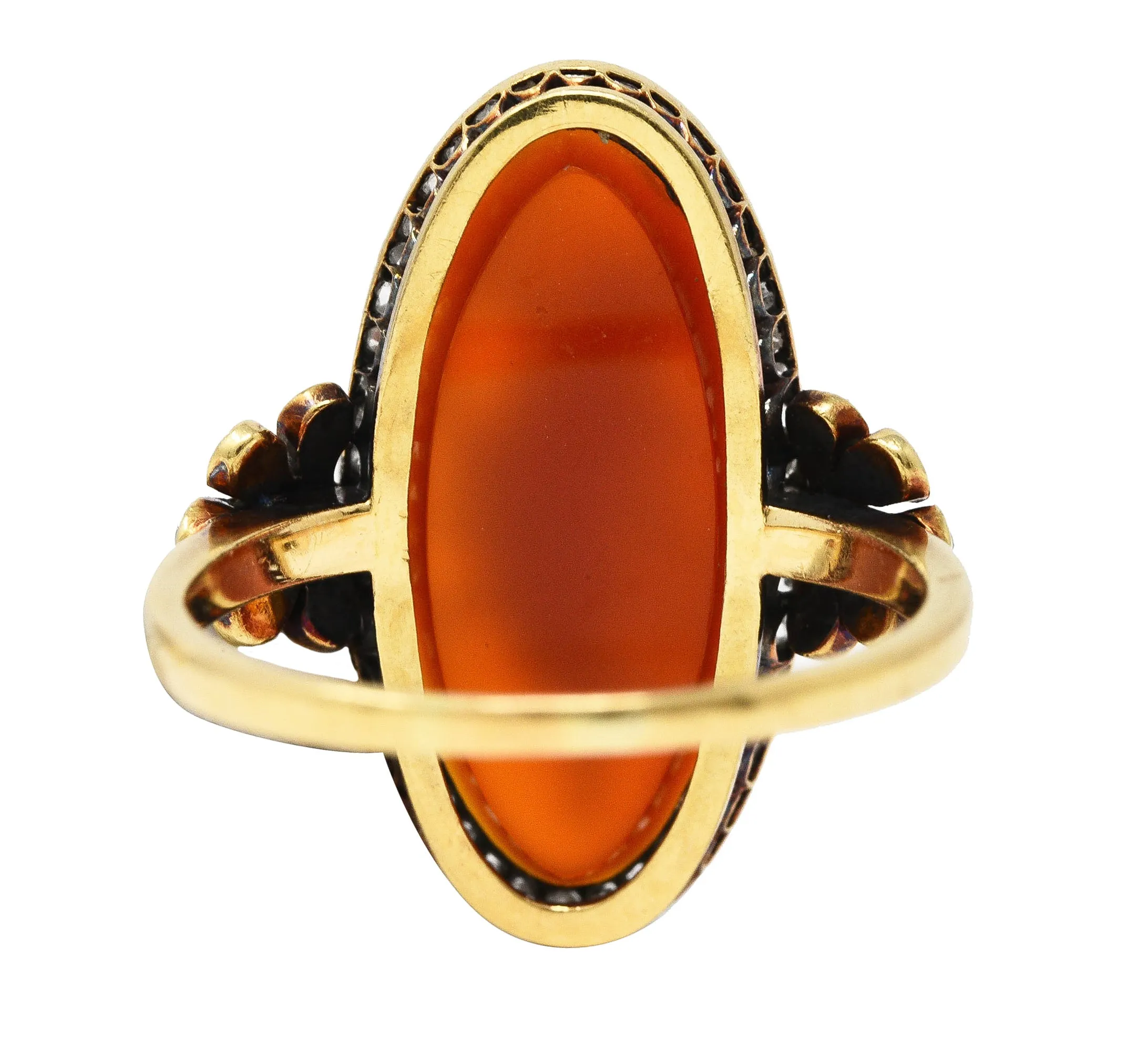 Victorian Diamond Carnelian 14 Karat Yellow Gold Cupid Cameo Antique Ring