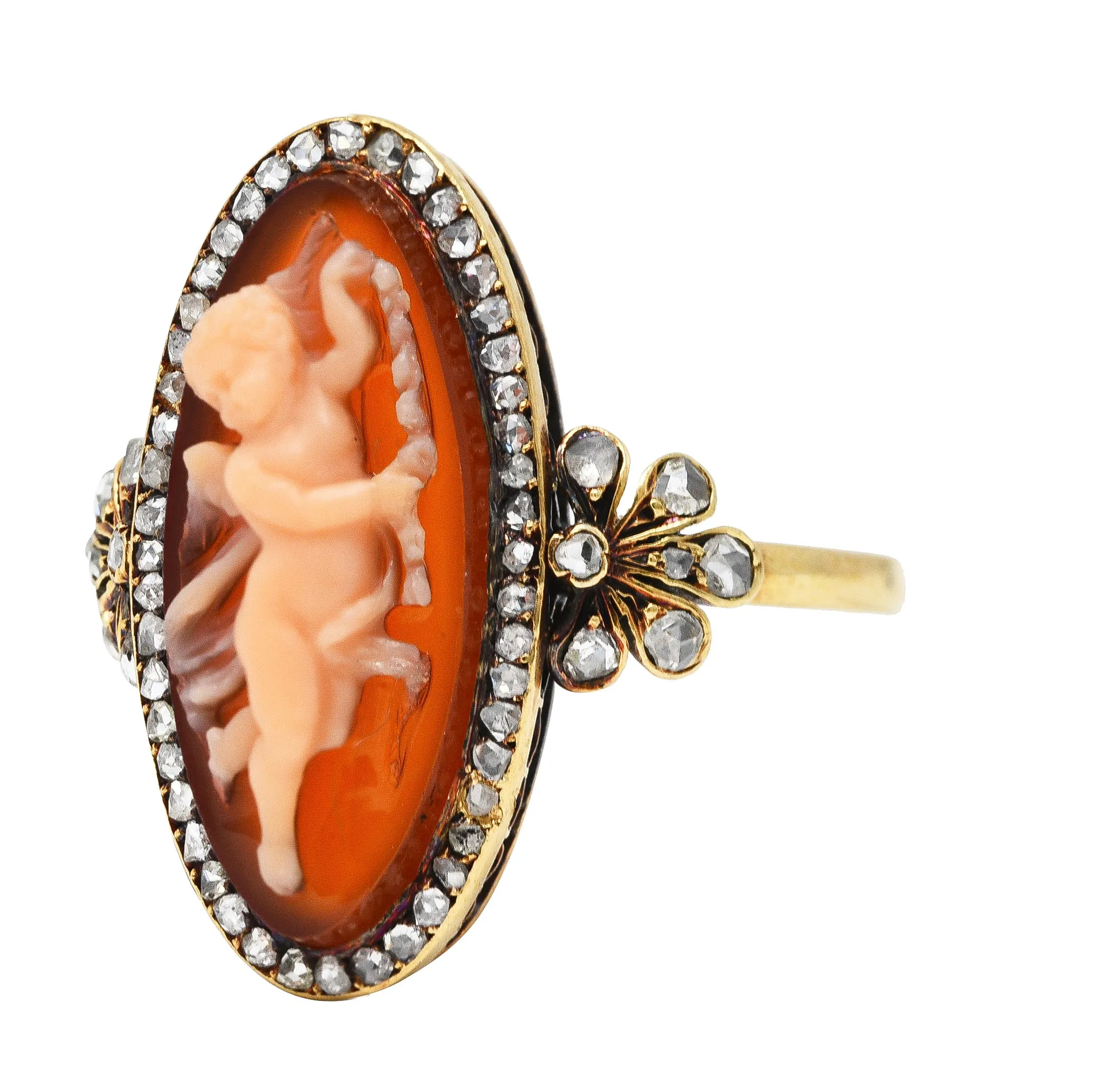 Victorian Diamond Carnelian 14 Karat Yellow Gold Cupid Cameo Antique Ring