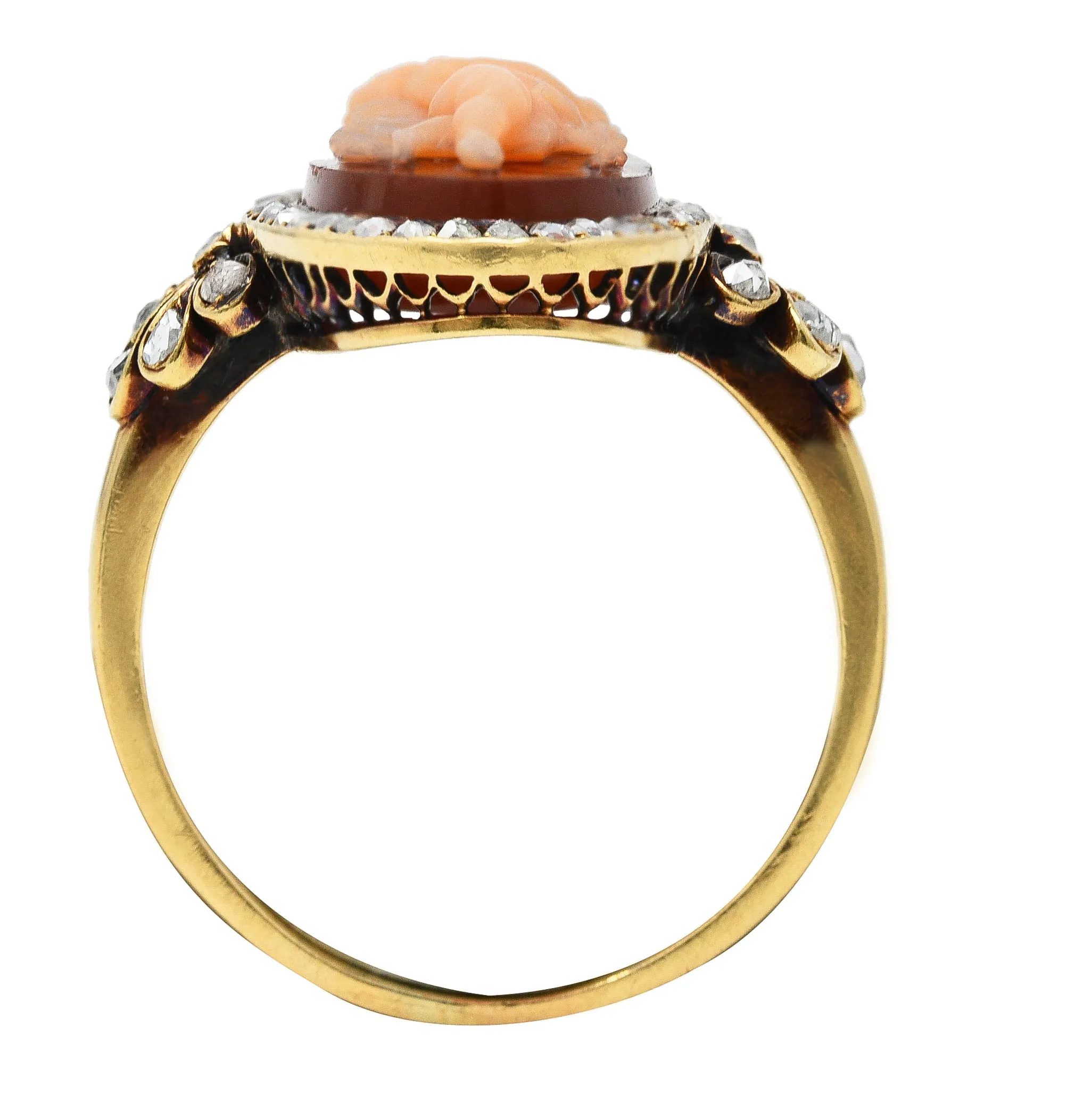 Victorian Diamond Carnelian 14 Karat Yellow Gold Cupid Cameo Antique Ring