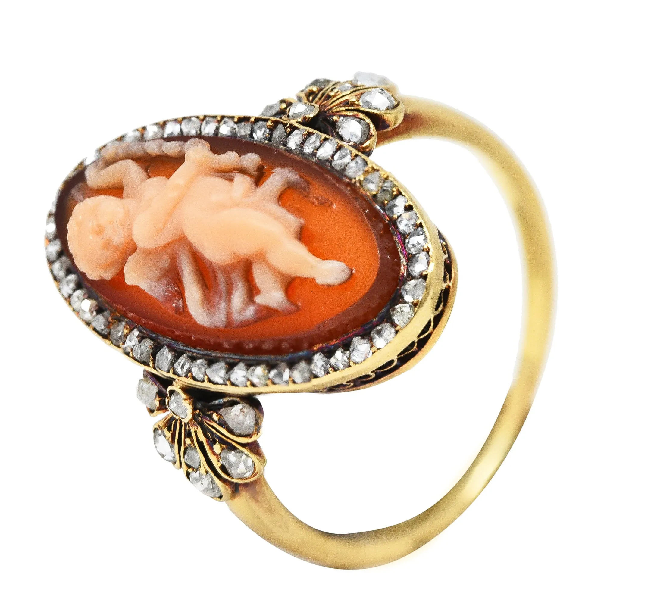 Victorian Diamond Carnelian 14 Karat Yellow Gold Cupid Cameo Antique Ring