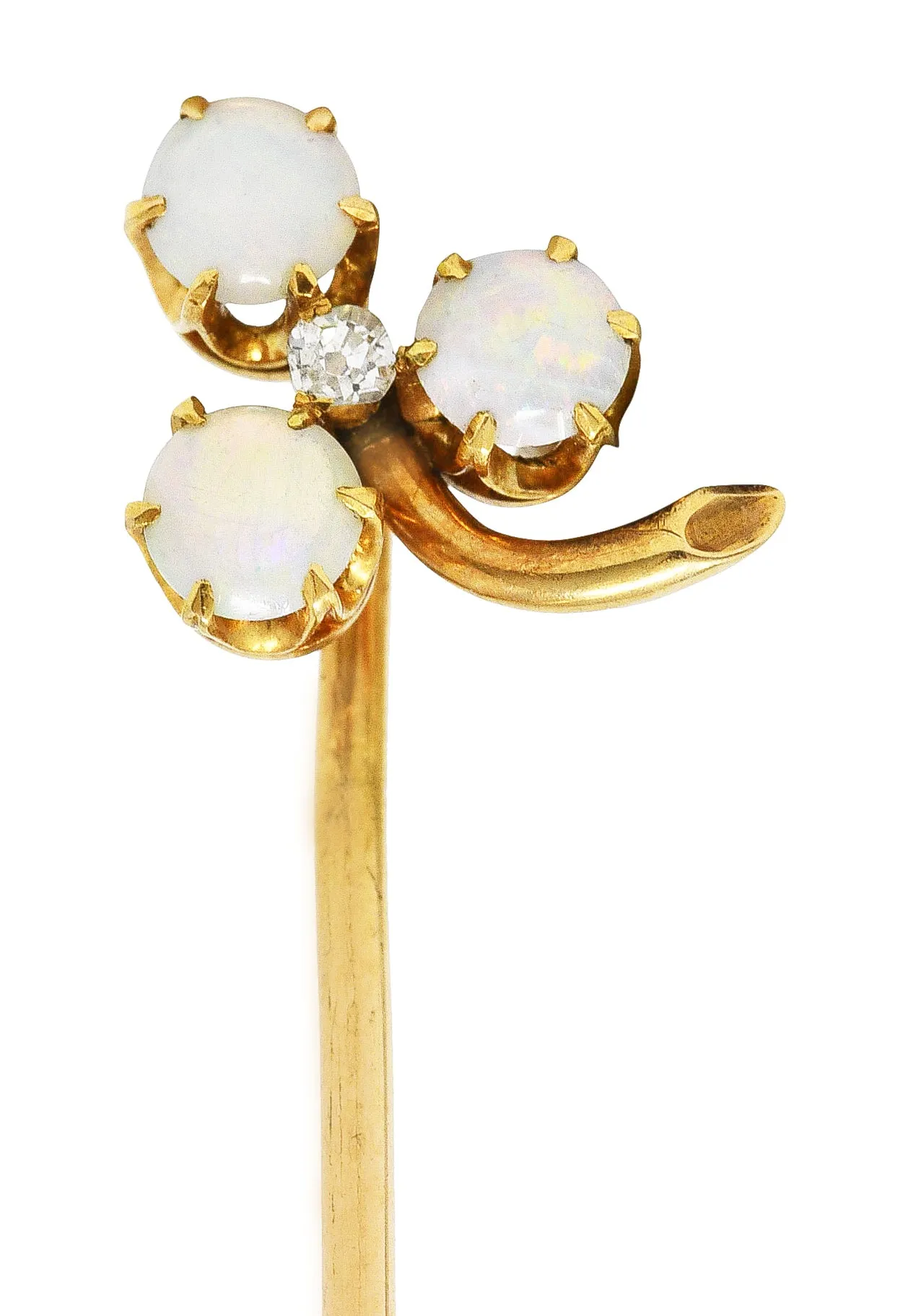 Victorian Diamond Opal 14 Karat Gold Clover Stickpin