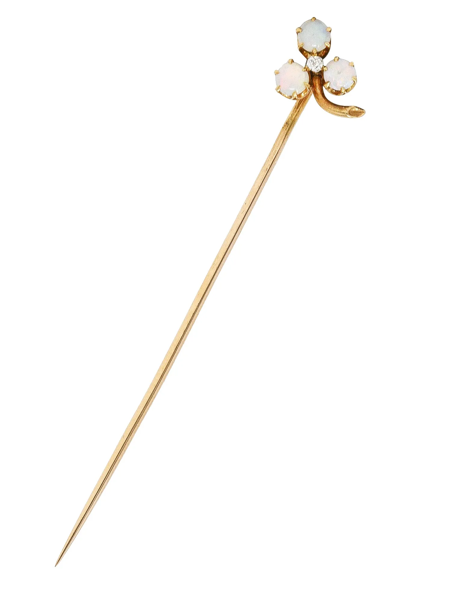 Victorian Diamond Opal 14 Karat Gold Clover Stickpin