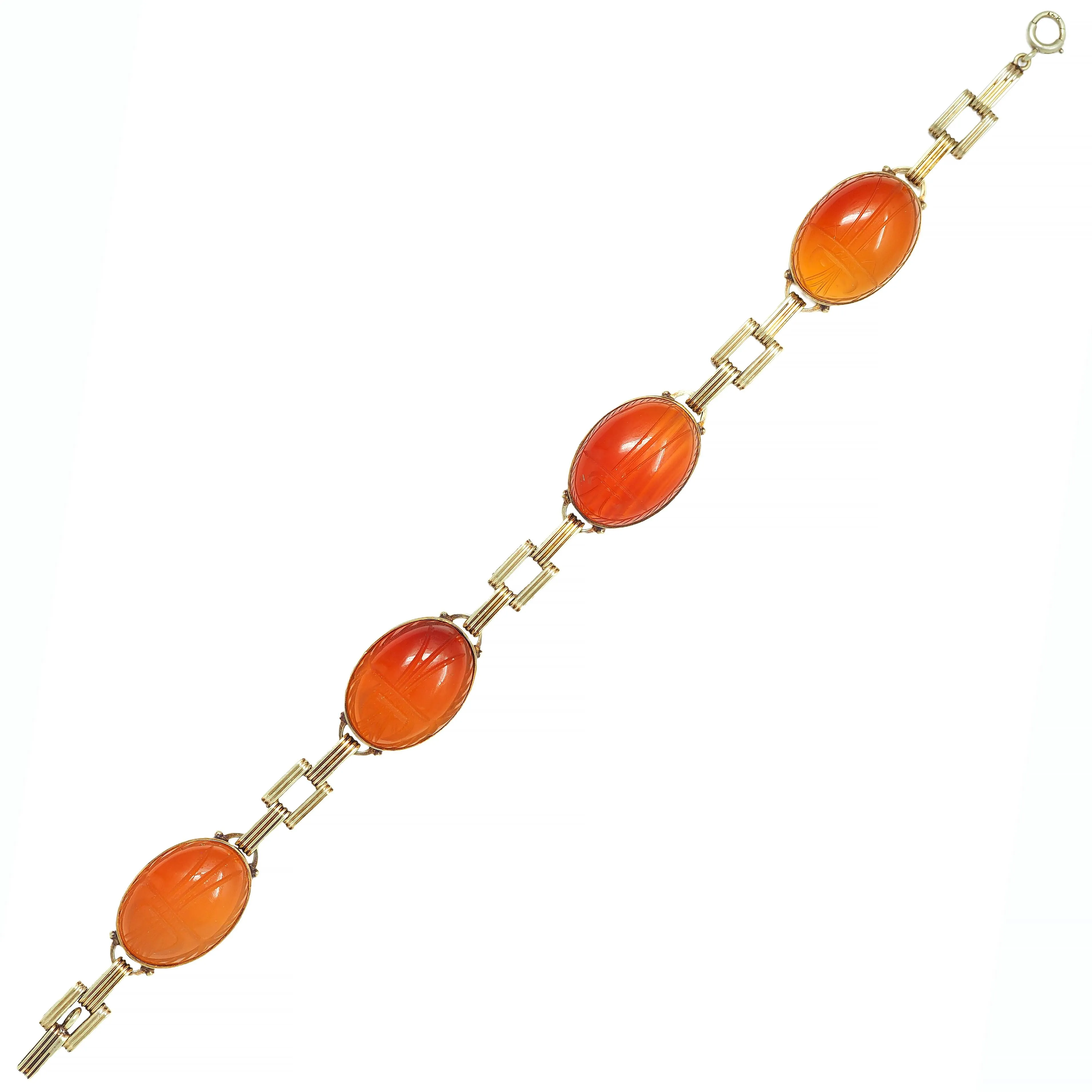 Victorian Egyptian Revival Carnelian 14 Karat Yellow Gold Antique Scarab Link Bracelet