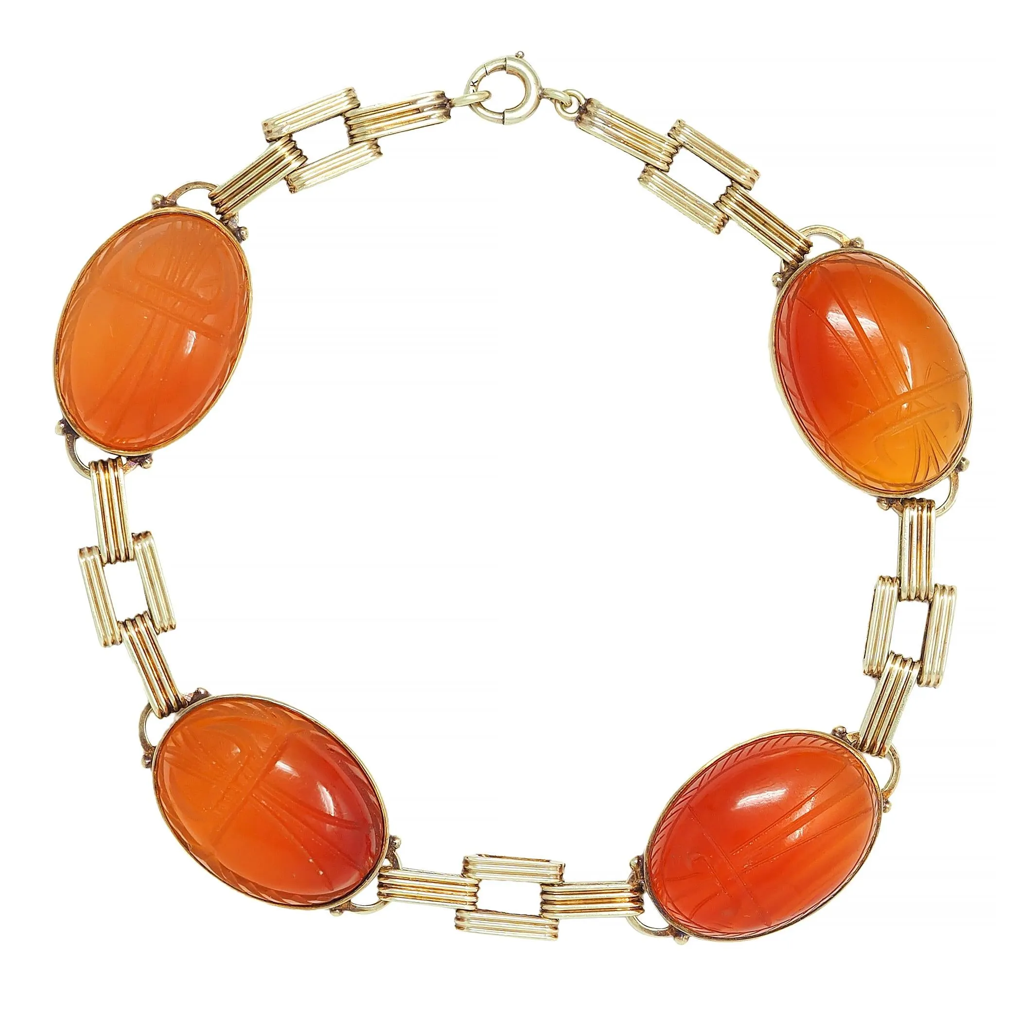 Victorian Egyptian Revival Carnelian 14 Karat Yellow Gold Antique Scarab Link Bracelet