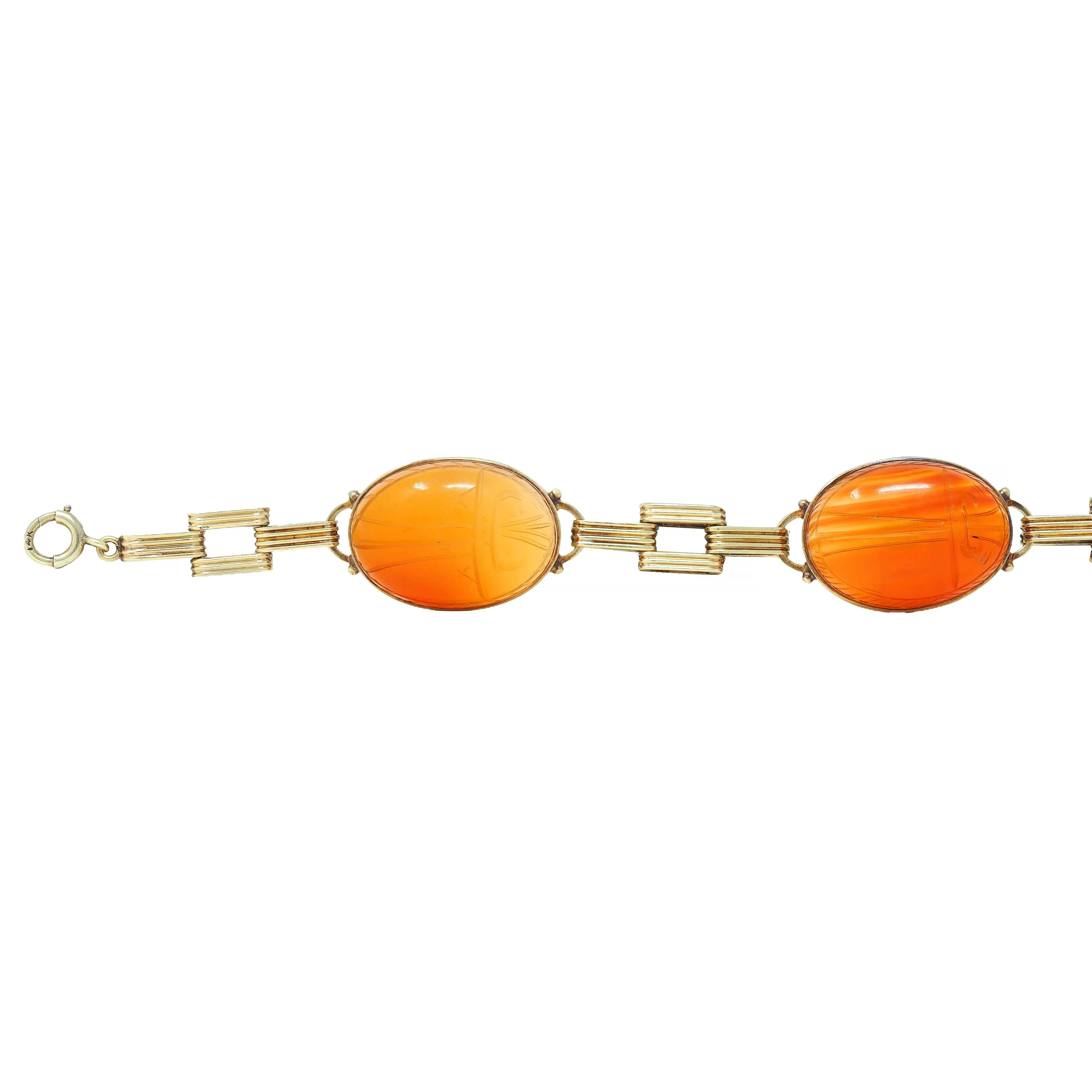 Victorian Egyptian Revival Carnelian 14 Karat Yellow Gold Antique Scarab Link Bracelet