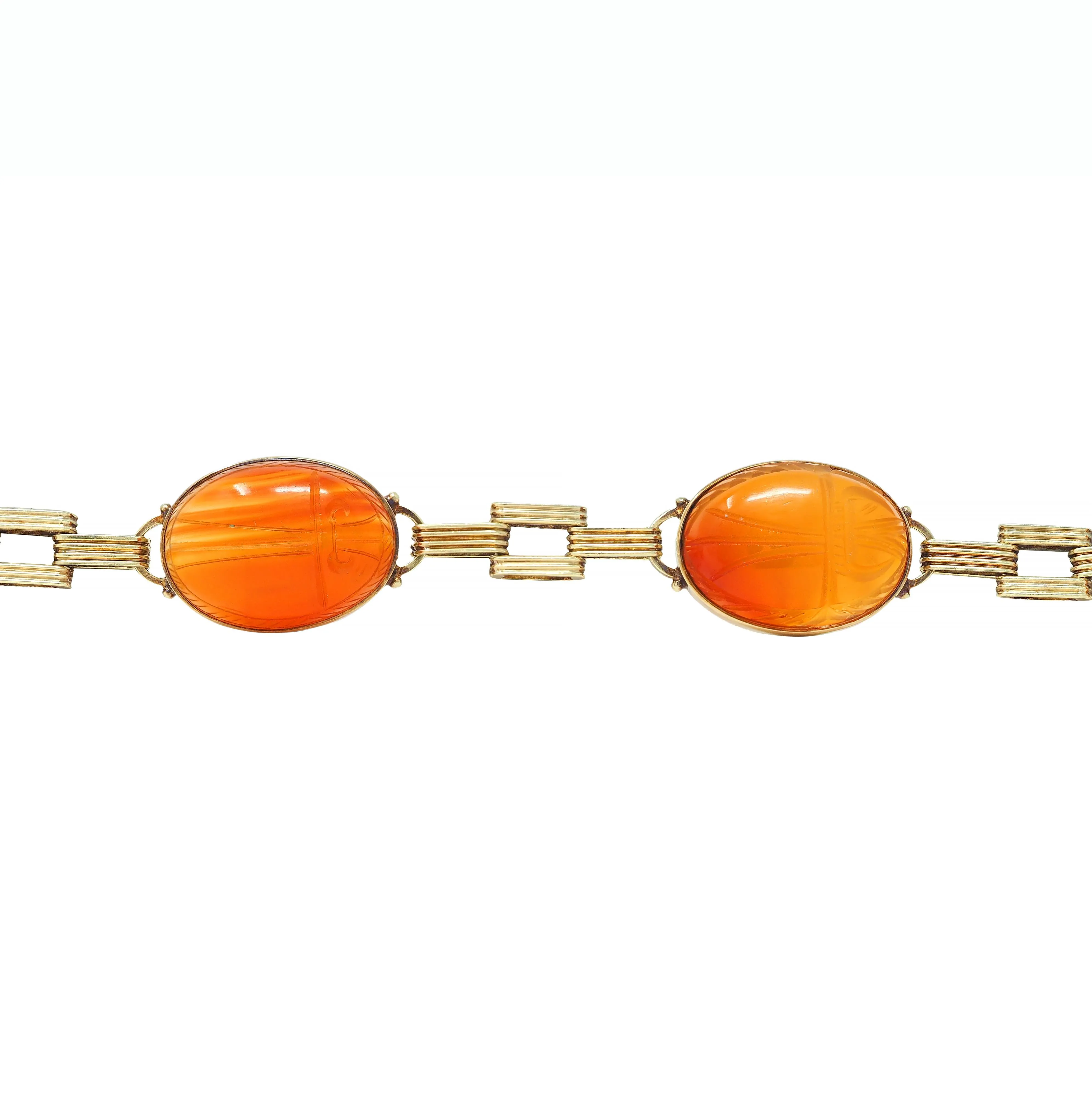 Victorian Egyptian Revival Carnelian 14 Karat Yellow Gold Antique Scarab Link Bracelet