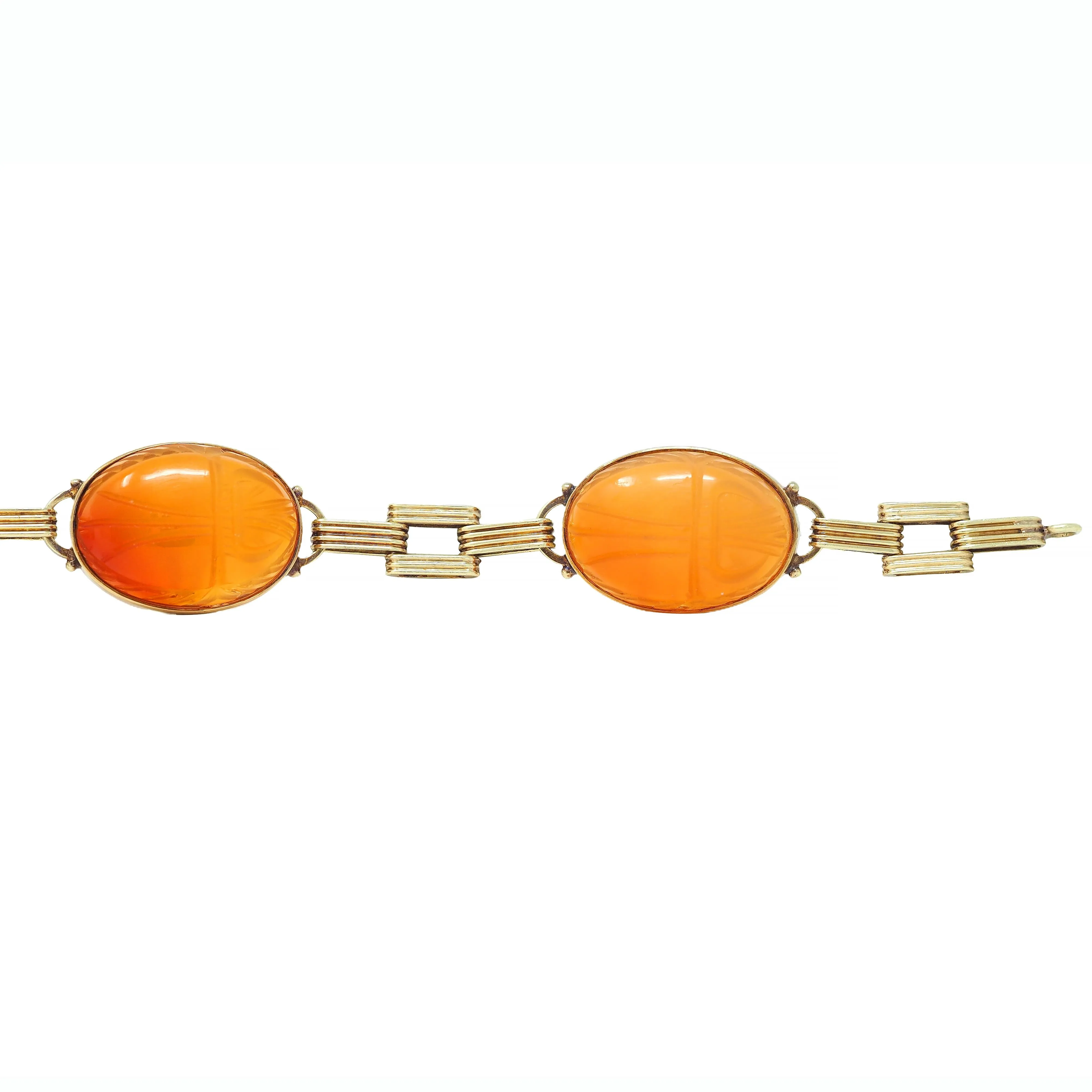 Victorian Egyptian Revival Carnelian 14 Karat Yellow Gold Antique Scarab Link Bracelet