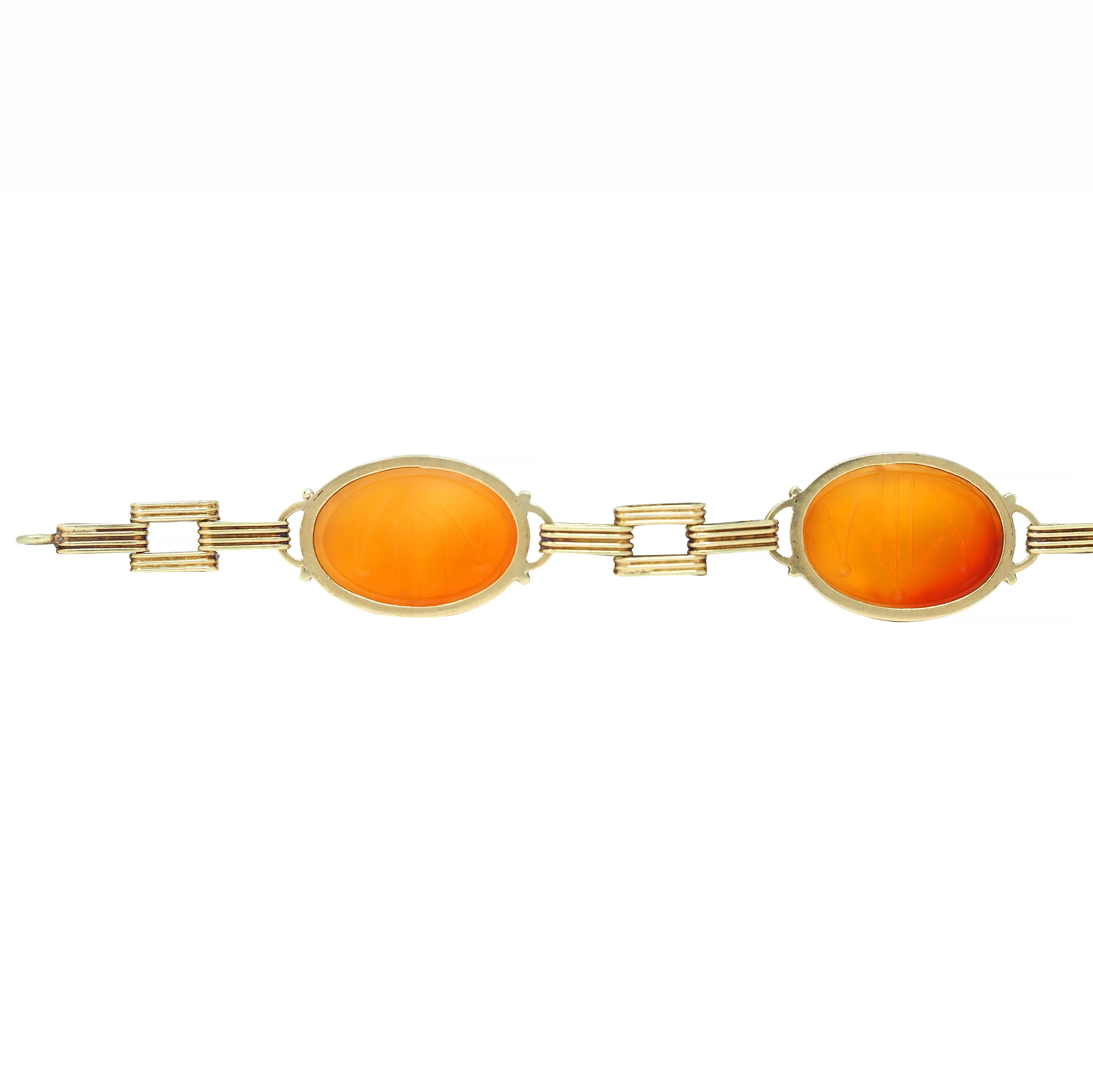 Victorian Egyptian Revival Carnelian 14 Karat Yellow Gold Antique Scarab Link Bracelet