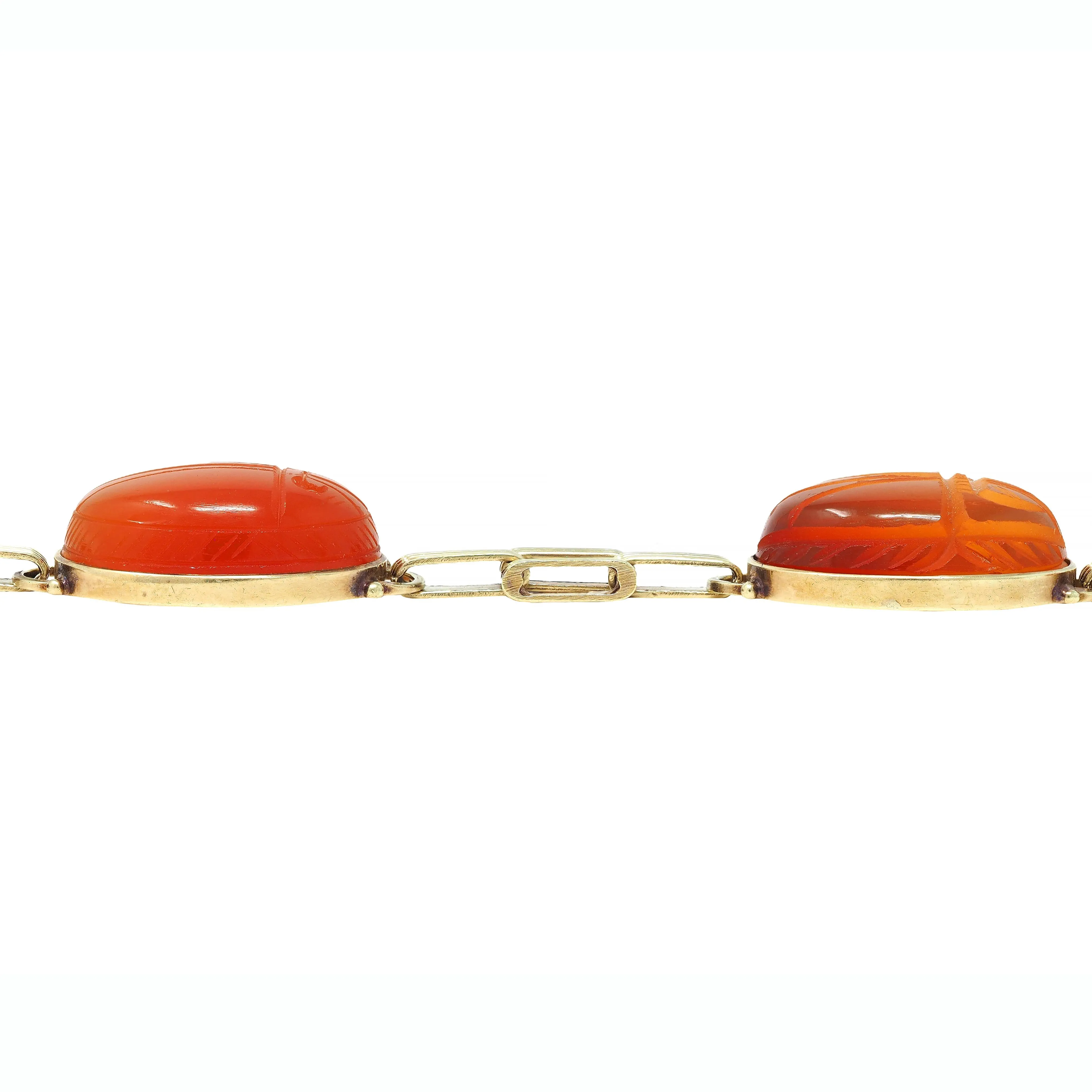 Victorian Egyptian Revival Carnelian 14 Karat Yellow Gold Antique Scarab Link Bracelet