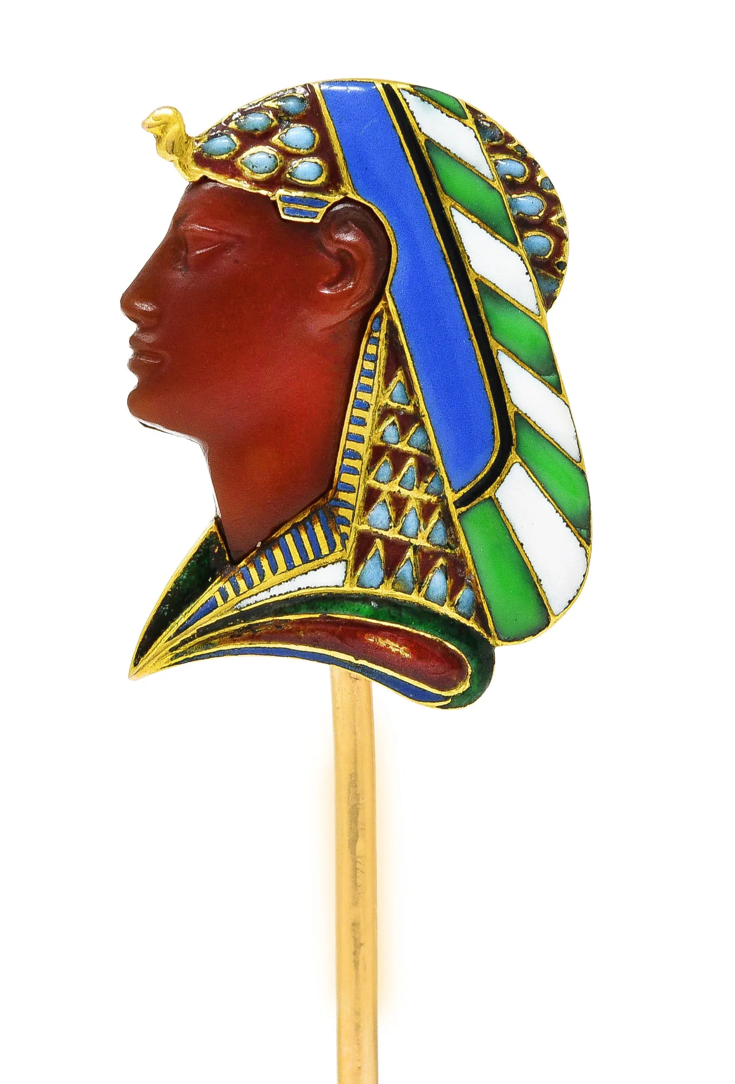 Victorian Egyptian Revival Carnelian Enamel 14 Karat Yellow Gold Pharaoh Antique Stickpin