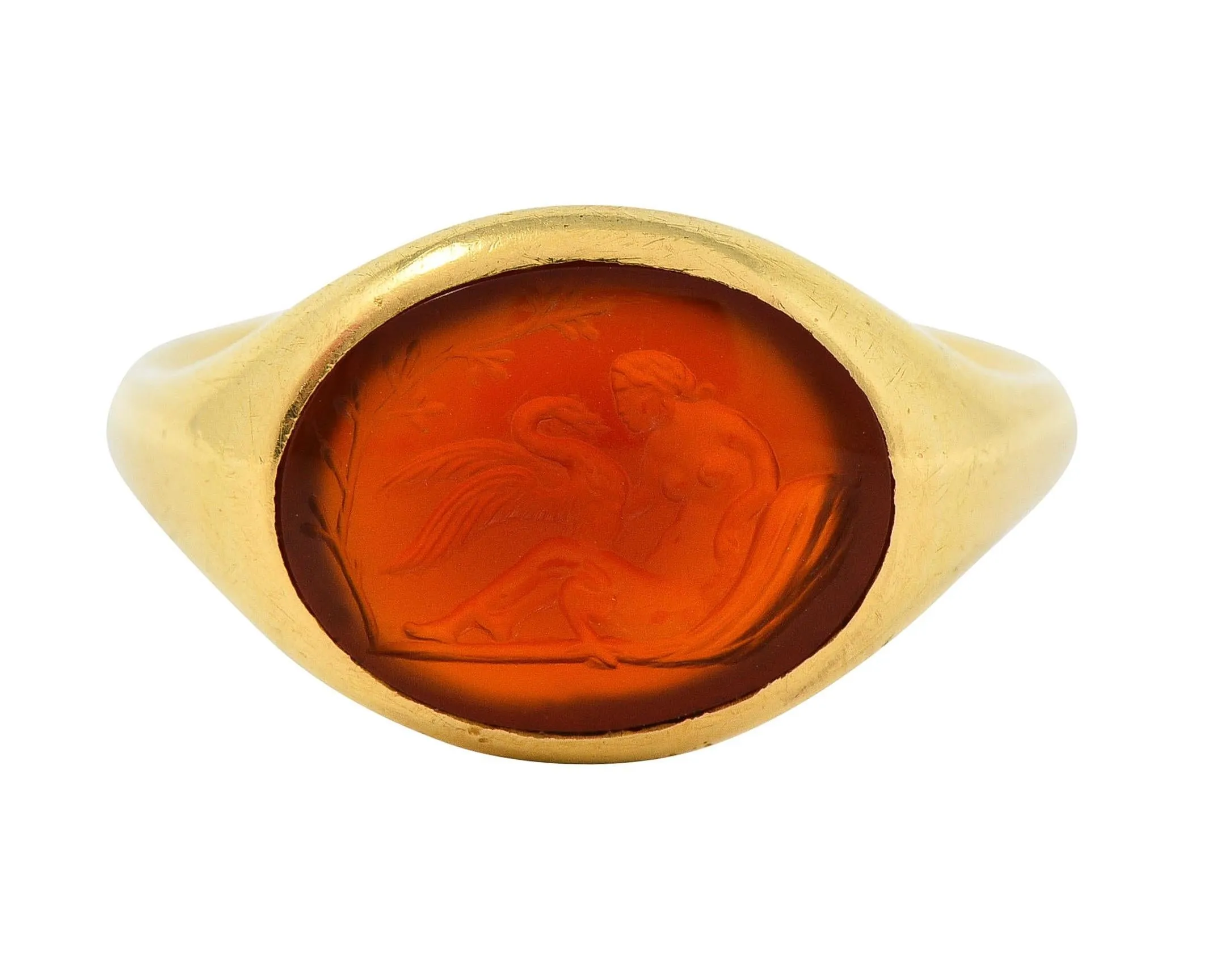 Victorian French Carved Carnelian 18 Karat Yellow Gold Leda & Swan Greek Intaglio Signet Ring