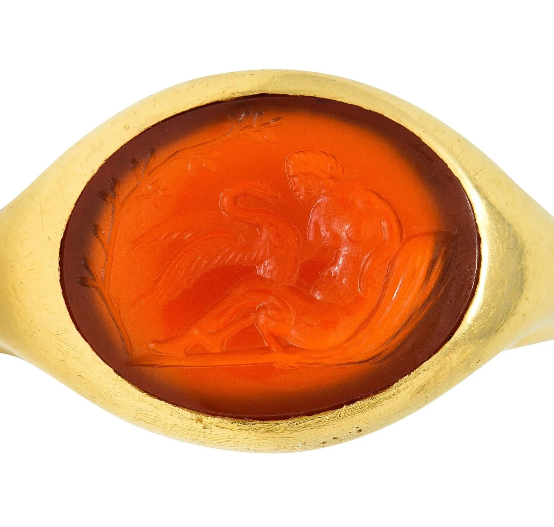 Victorian French Carved Carnelian 18 Karat Yellow Gold Leda & Swan Greek Intaglio Signet Ring