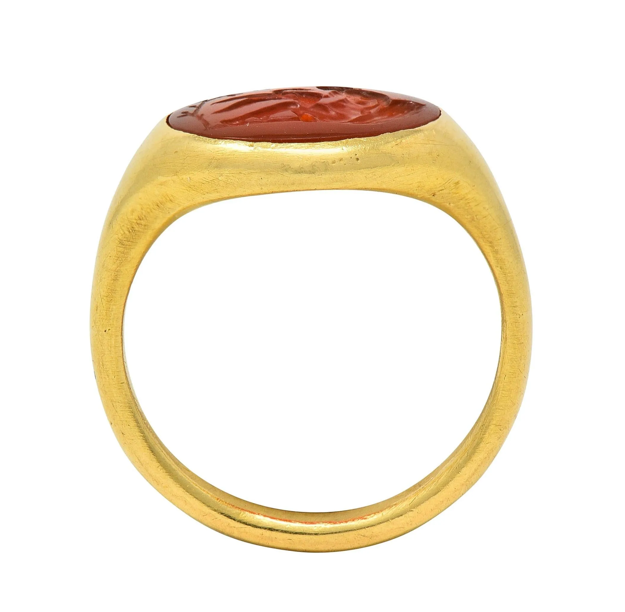 Victorian French Carved Carnelian 18 Karat Yellow Gold Leda & Swan Greek Intaglio Signet Ring