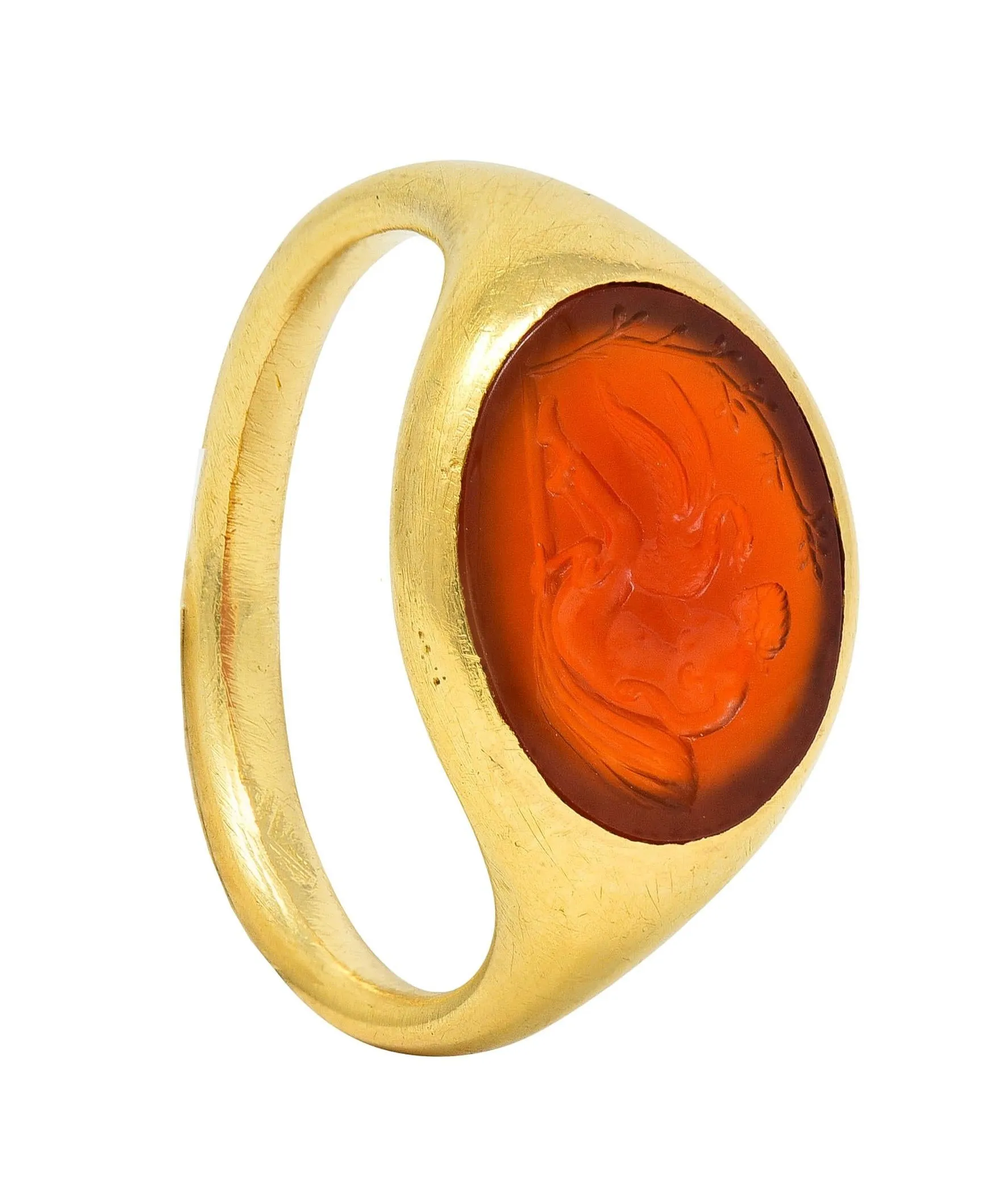 Victorian French Carved Carnelian 18 Karat Yellow Gold Leda & Swan Greek Intaglio Signet Ring