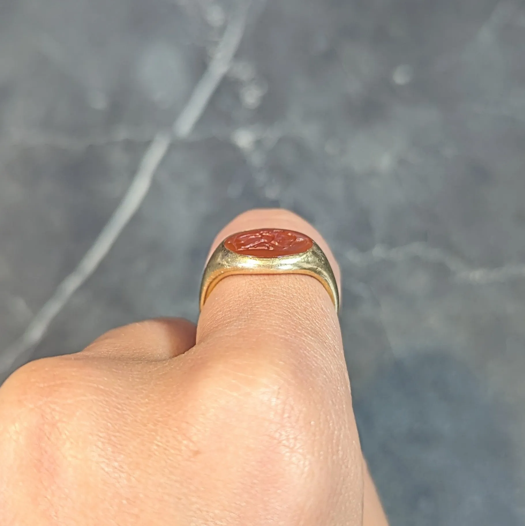 Victorian French Carved Carnelian 18 Karat Yellow Gold Leda & Swan Greek Intaglio Signet Ring