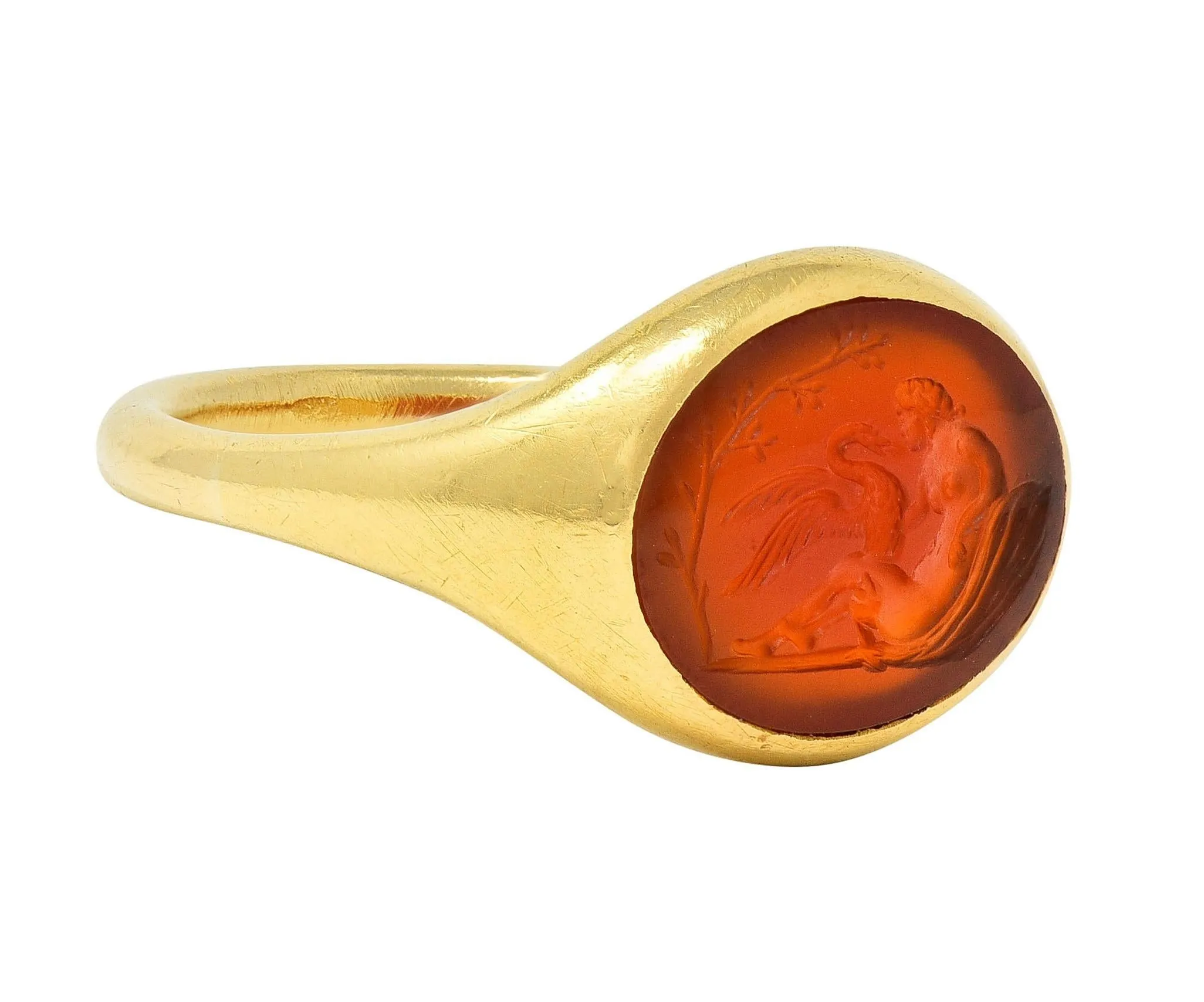 Victorian French Carved Carnelian 18 Karat Yellow Gold Leda & Swan Greek Intaglio Signet Ring