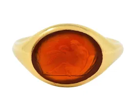 Victorian French Carved Carnelian 18 Karat Yellow Gold Leda & Swan Greek Intaglio Signet Ring