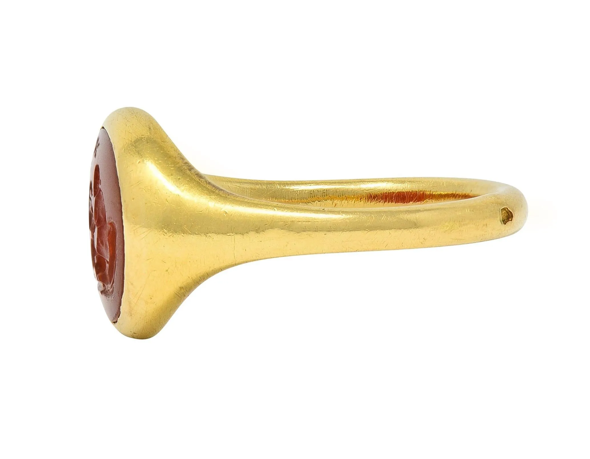 Victorian French Carved Carnelian 18 Karat Yellow Gold Leda & Swan Greek Intaglio Signet Ring