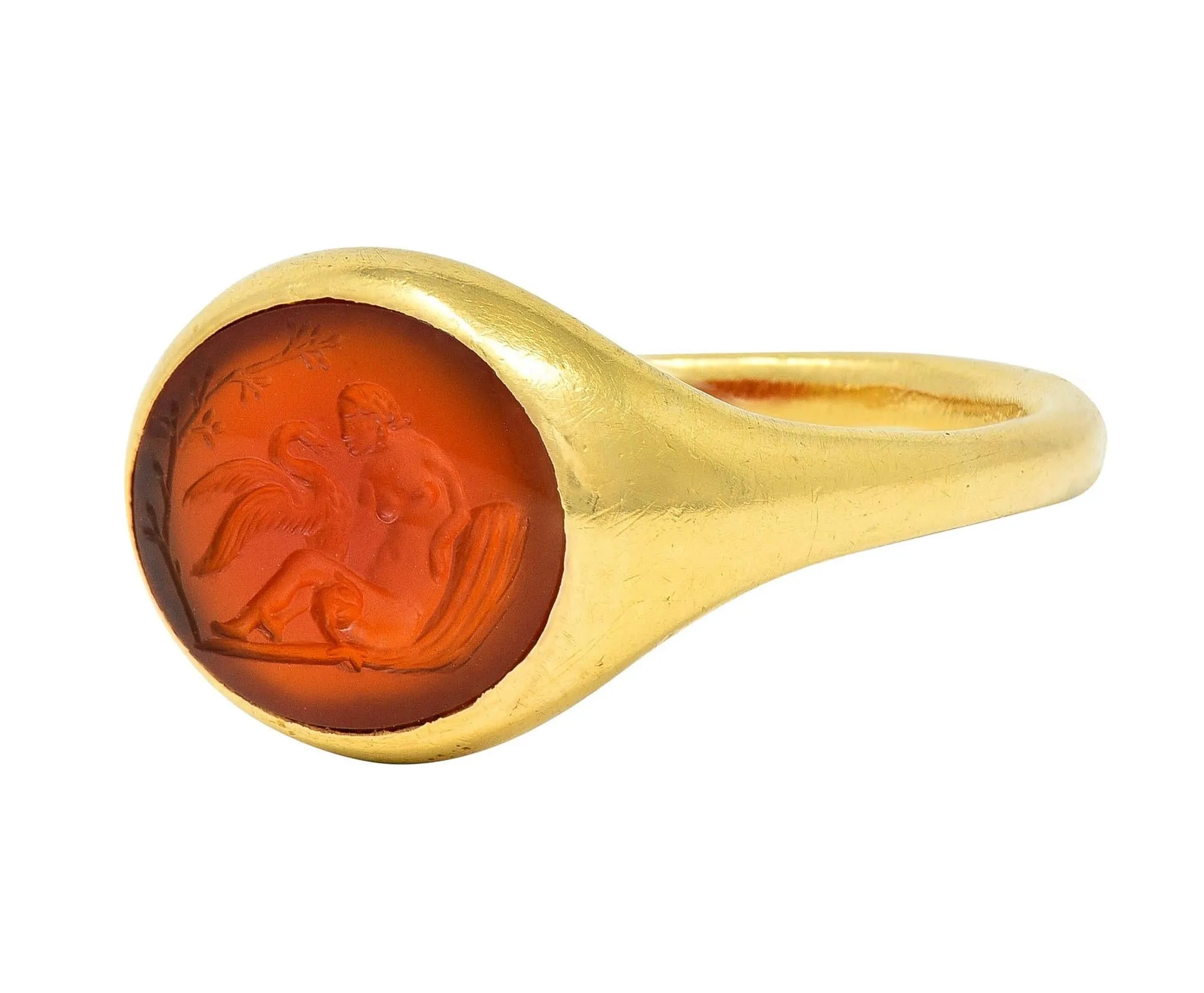 Victorian French Carved Carnelian 18 Karat Yellow Gold Leda & Swan Greek Intaglio Signet Ring