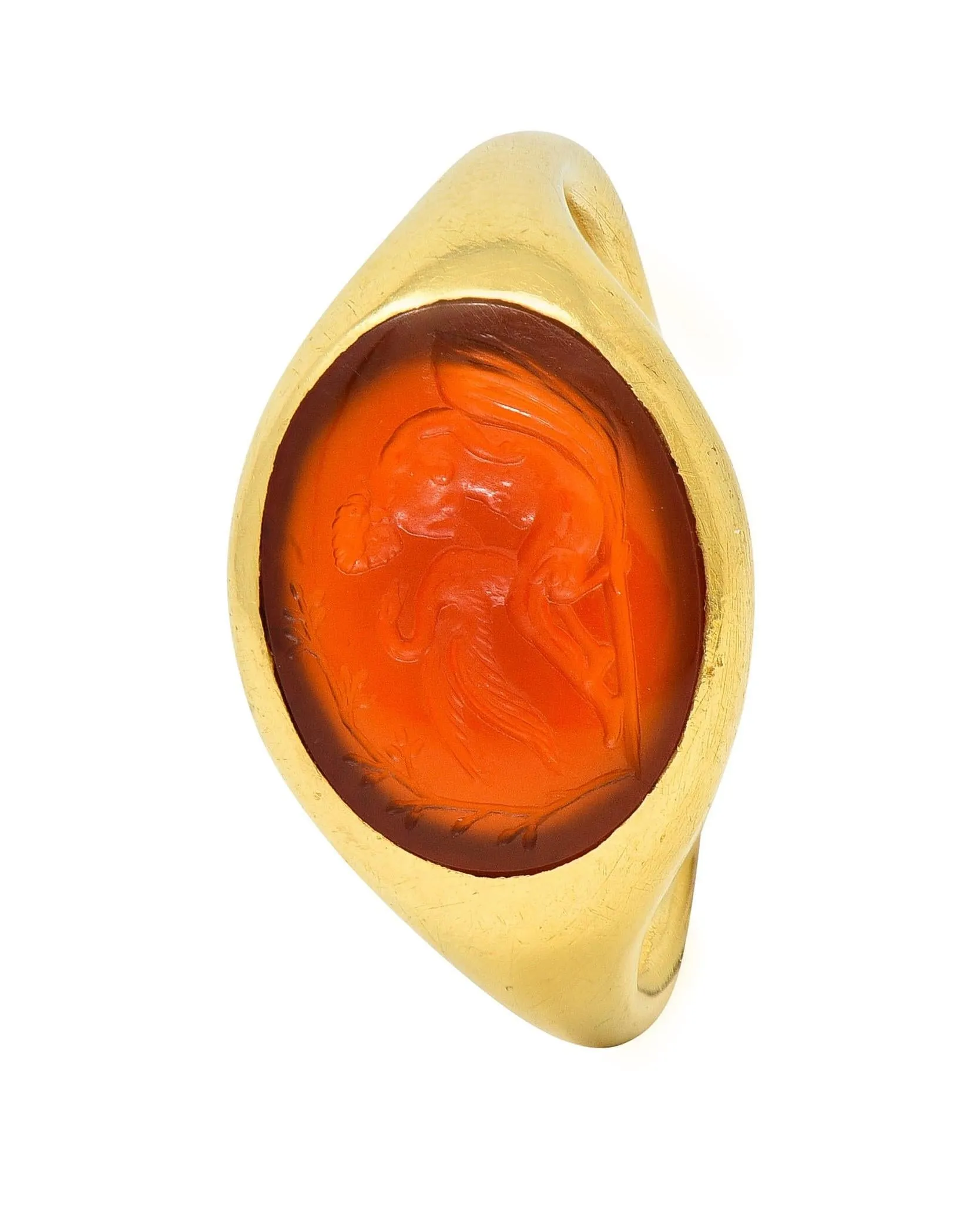 Victorian French Carved Carnelian 18 Karat Yellow Gold Leda & Swan Greek Intaglio Signet Ring