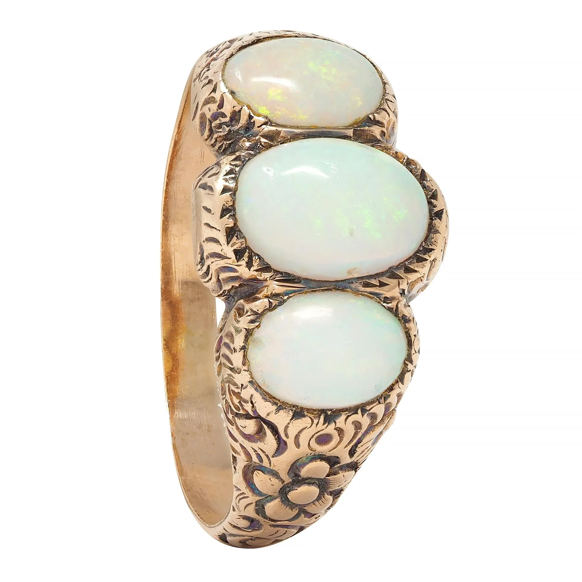 Victorian Opal Cabochon 14 Karat Rose Gold Antique Three Stone Floral Band Ring