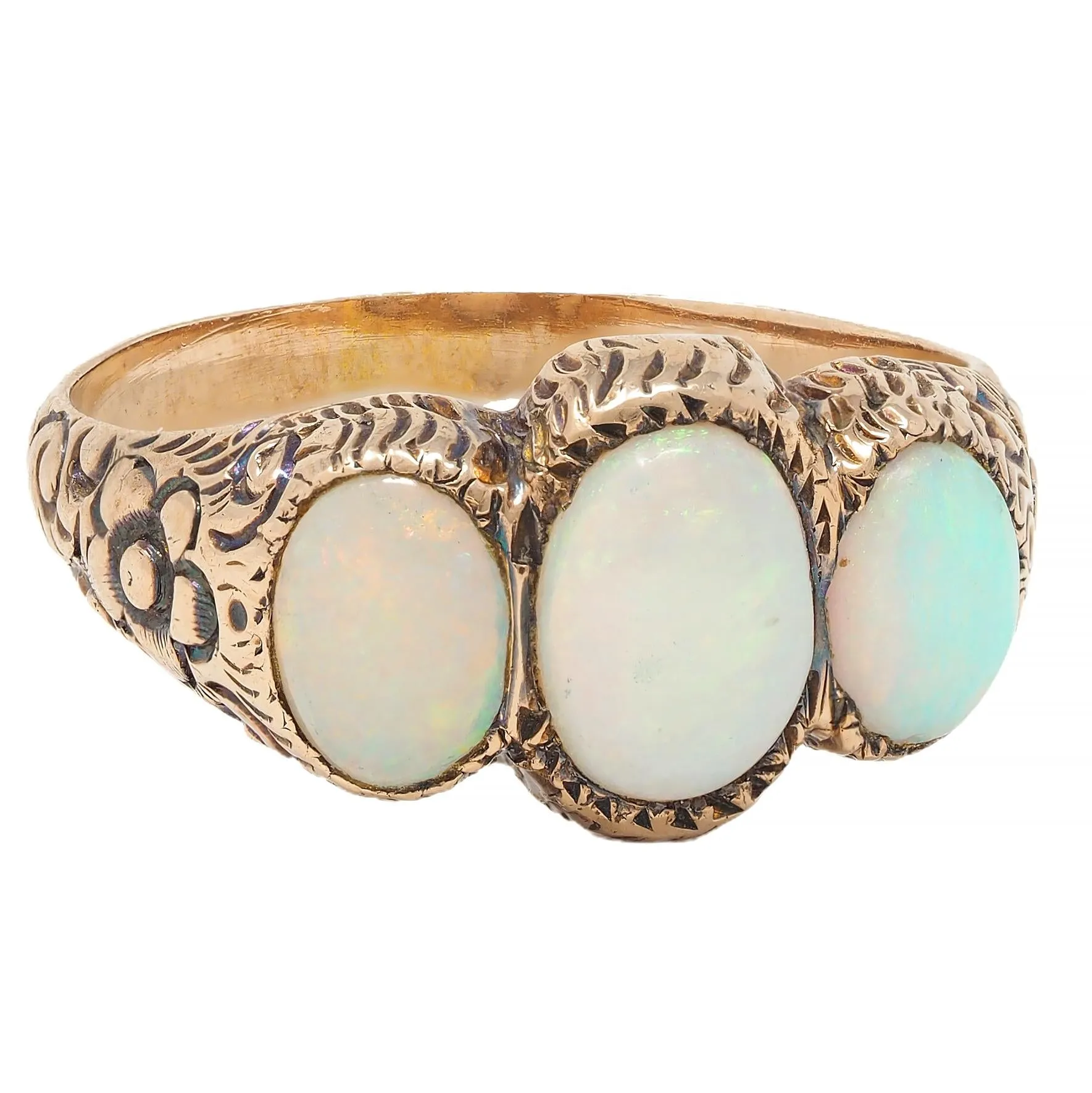 Victorian Opal Cabochon 14 Karat Rose Gold Antique Three Stone Floral Band Ring