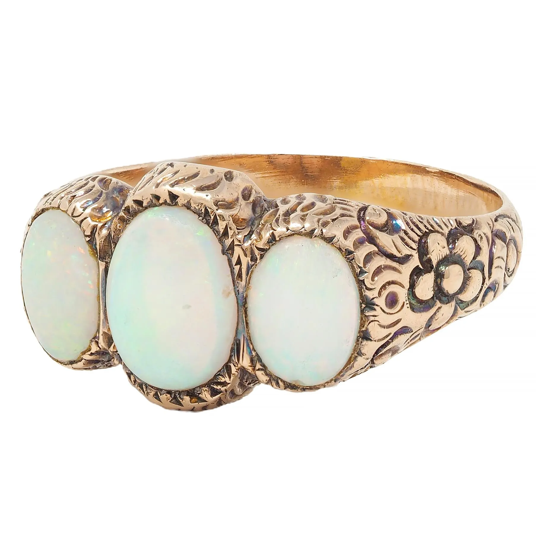 Victorian Opal Cabochon 14 Karat Rose Gold Antique Three Stone Floral Band Ring