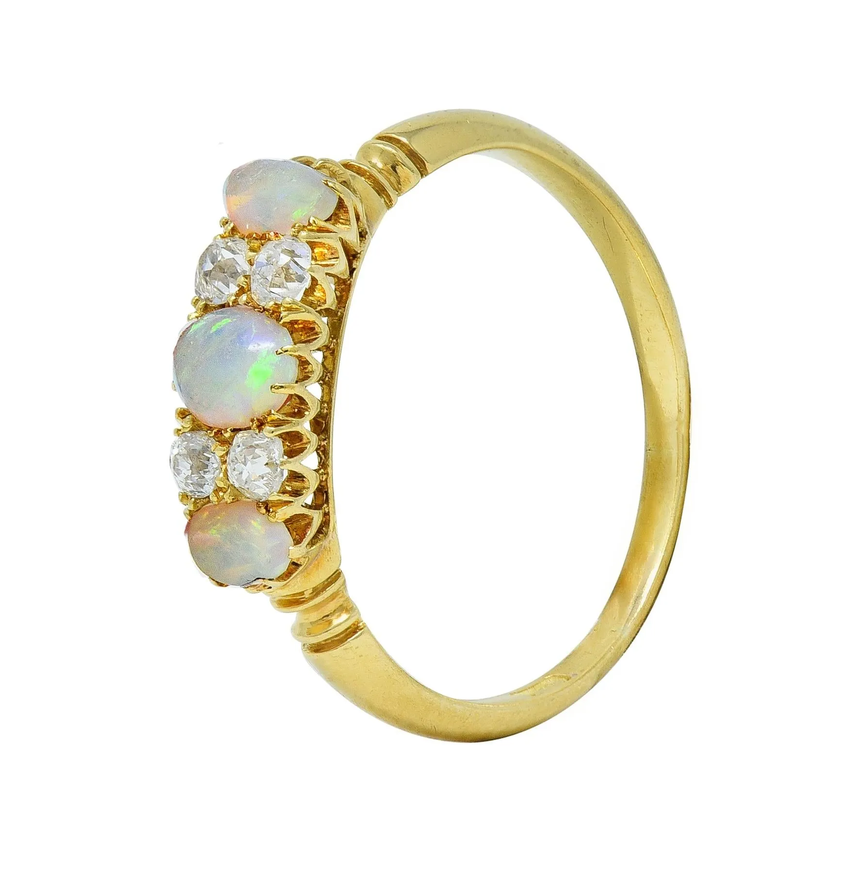 Victorian Opal Diamond 18 Karat Yellow Gold Antique Gemstone Band Ring